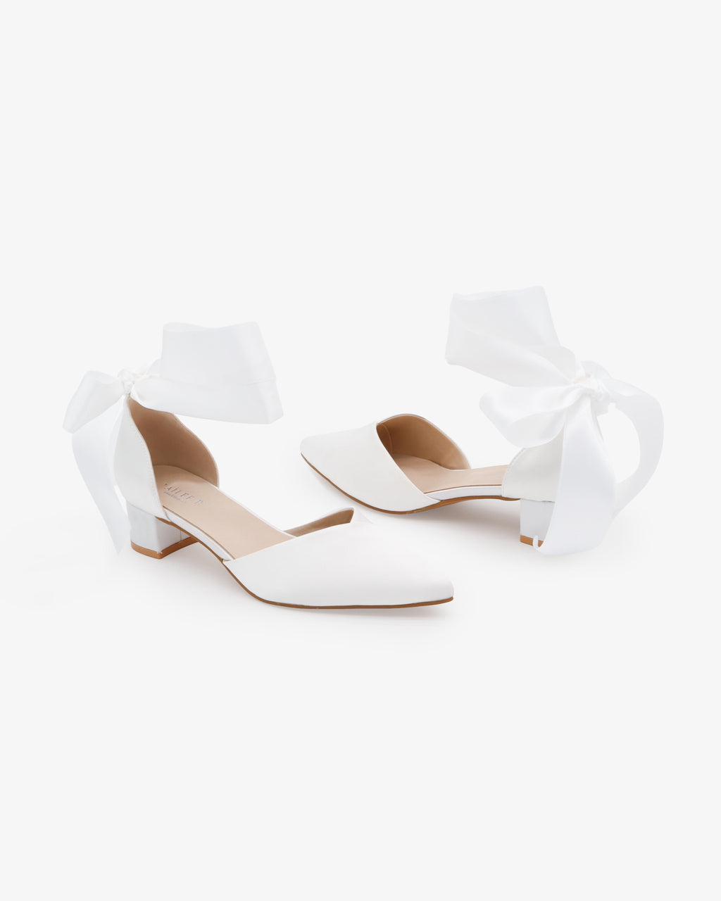 Satin Pointy Toe Low Block Heels Wedding Shoes with Wrapped Ribbon Tie