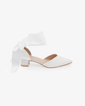 Satin Pointy Toe Low Block Heels Wedding Shoes with Wrapped Ribbon Tie
