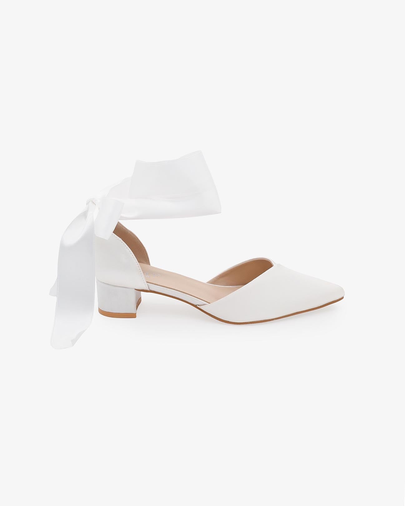 Satin Pointy Toe Low Block Heels Wedding Shoes with Wrapped Ribbon Tie