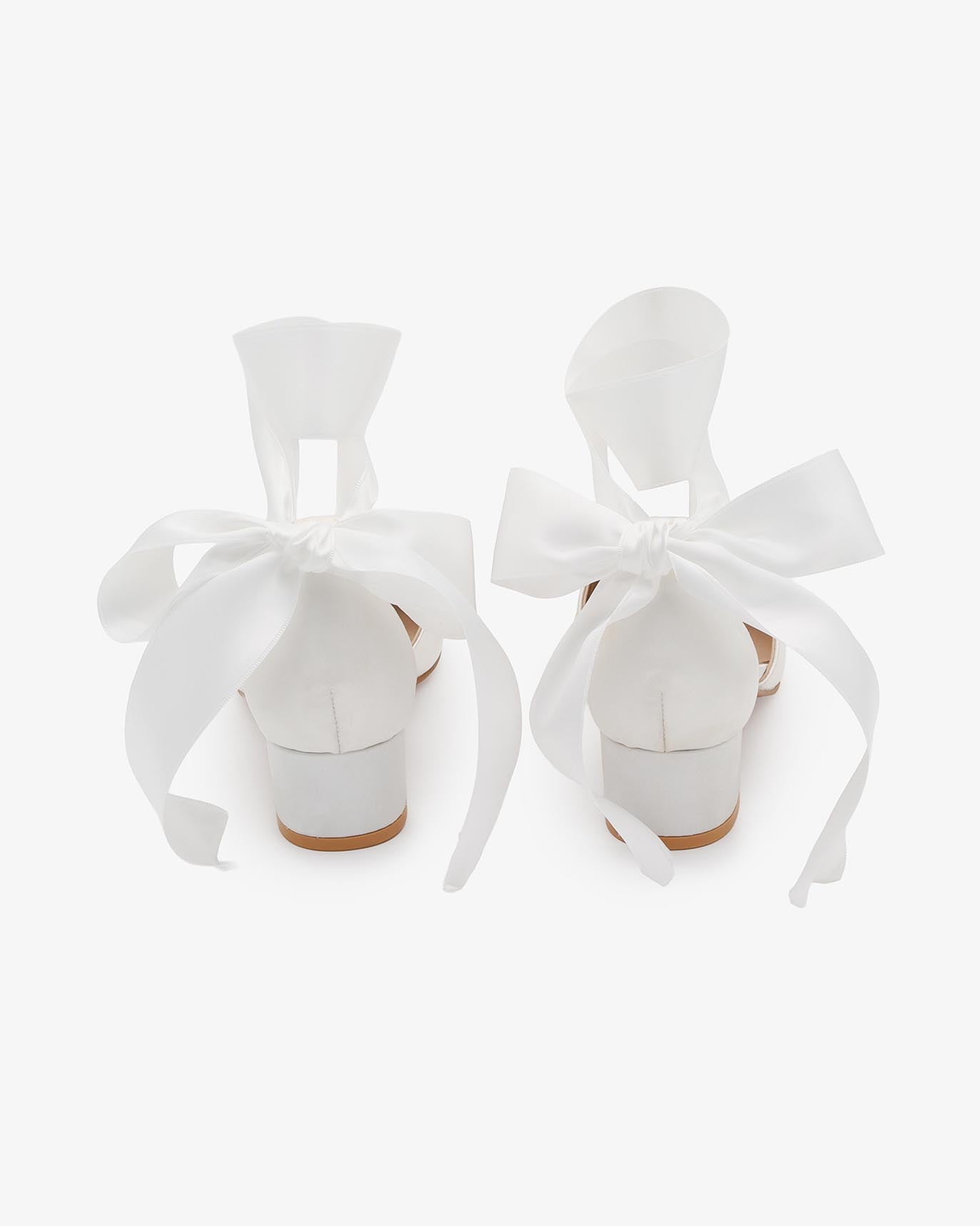 Satin Pointy Toe Low Block Heels Wedding Shoes with Wrapped Ribbon Tie