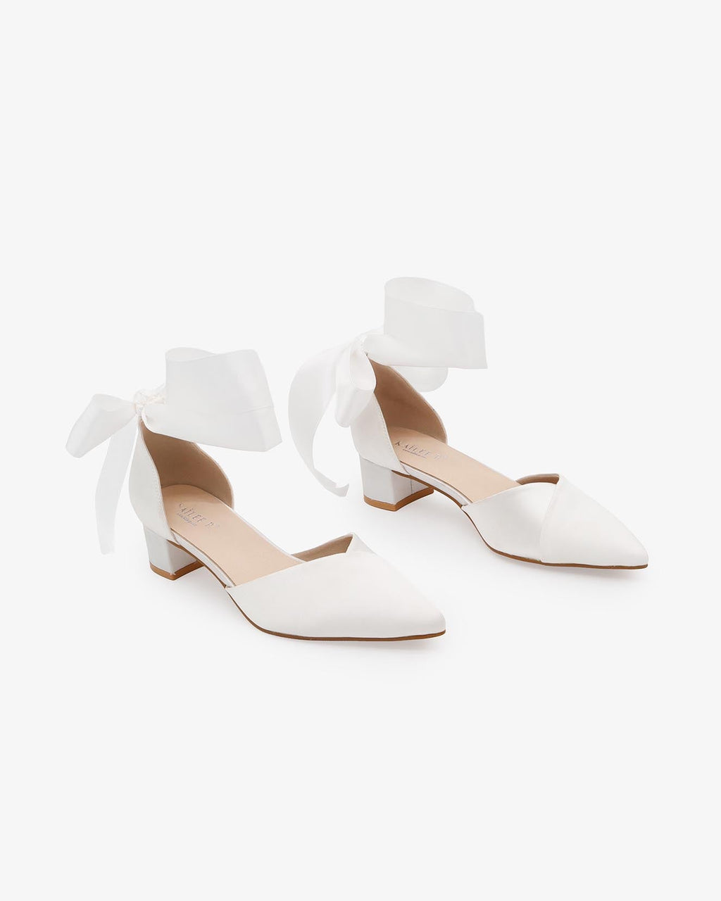 Satin Pointy Toe Low Block Heels Wedding Shoes with Wrapped Ribbon Tie