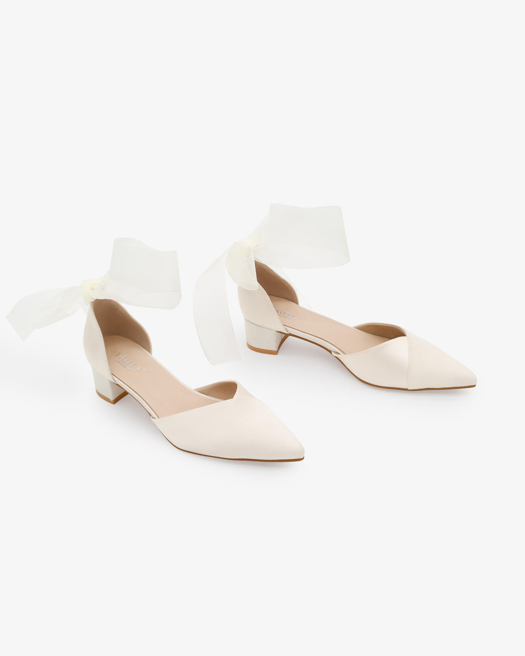 Satin Pointy Toe Low Block Heels Wedding Shoes with Wrapped Ribbon Tie