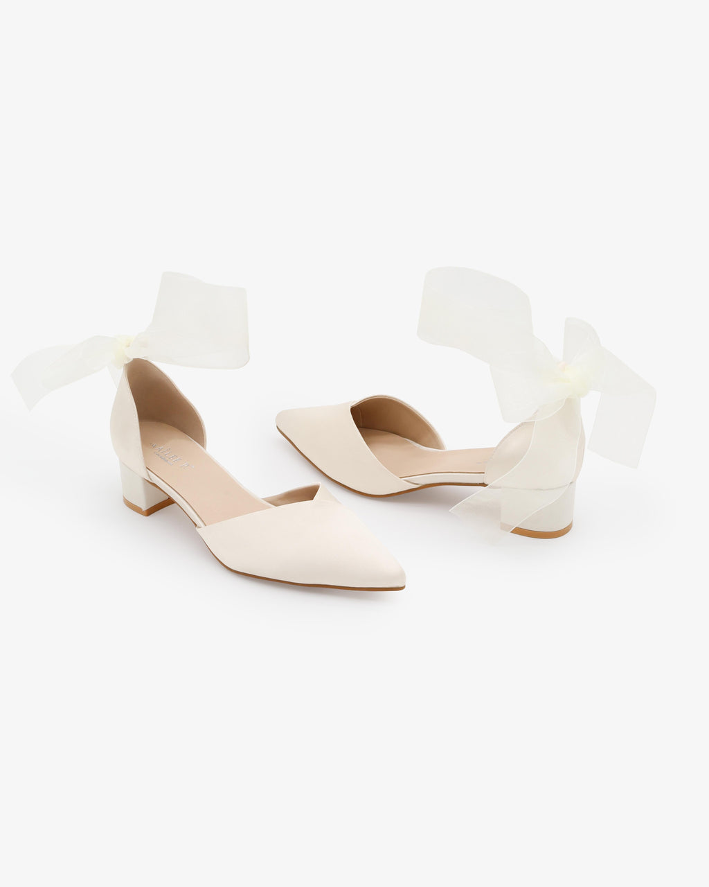 Satin Pointy Toe Low Block Heels Wedding Shoes with Wrapped Ribbon Tie
