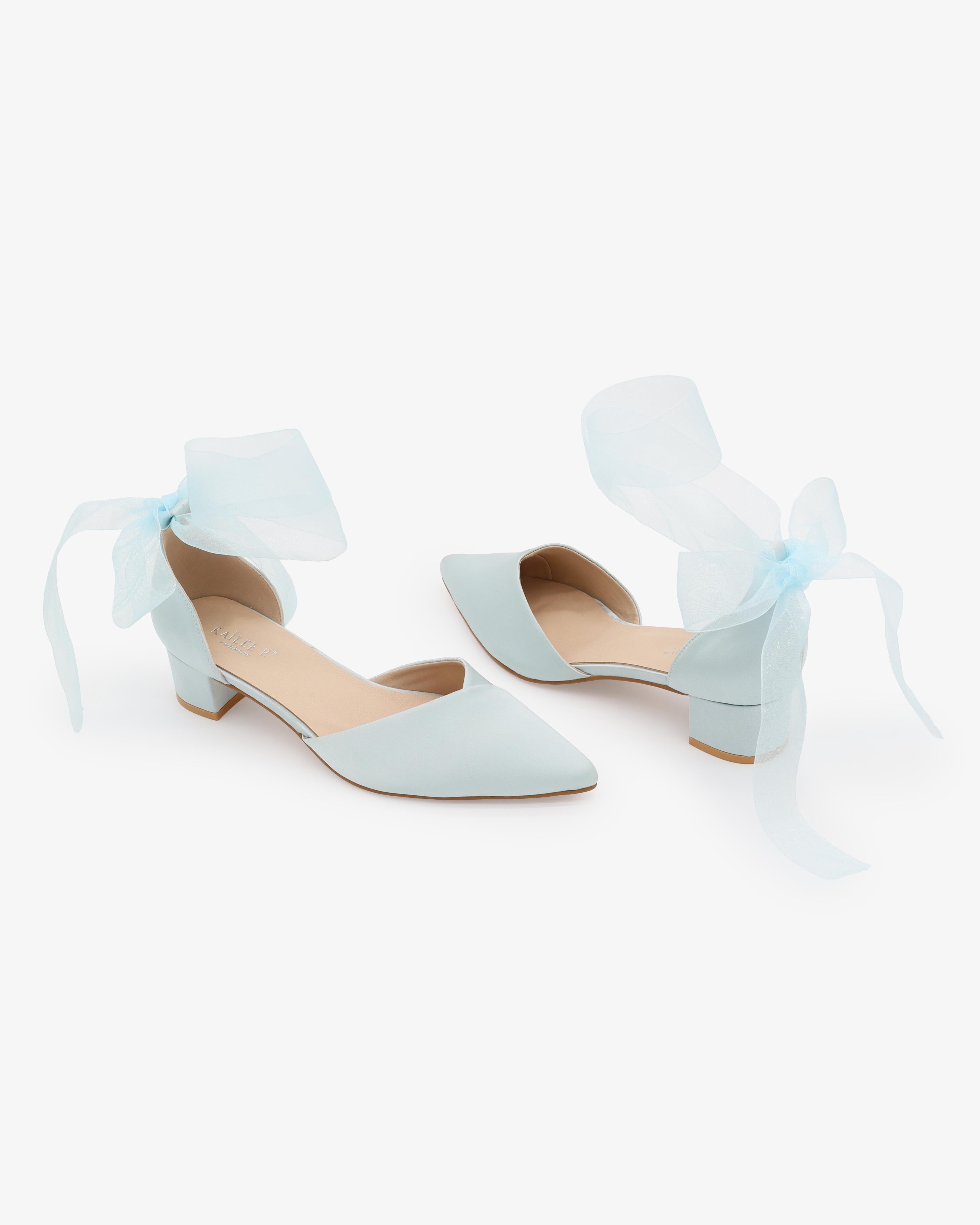 Satin Pointy Toe Low Block Heels Wedding Shoes with Wrapped Ribbon Tie