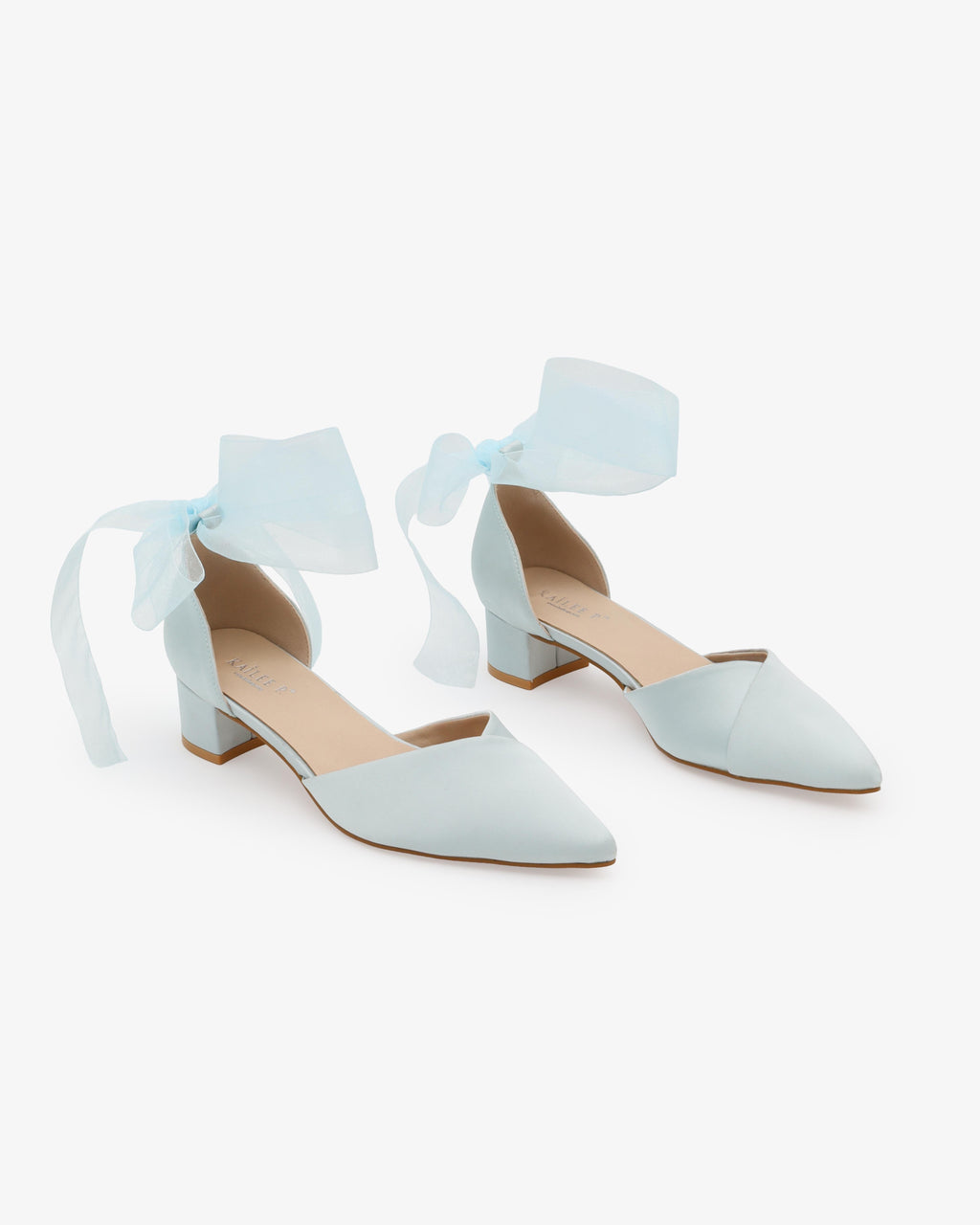 Satin Pointy Toe Low Block Heels Wedding Shoes with Wrapped Ribbon Tie