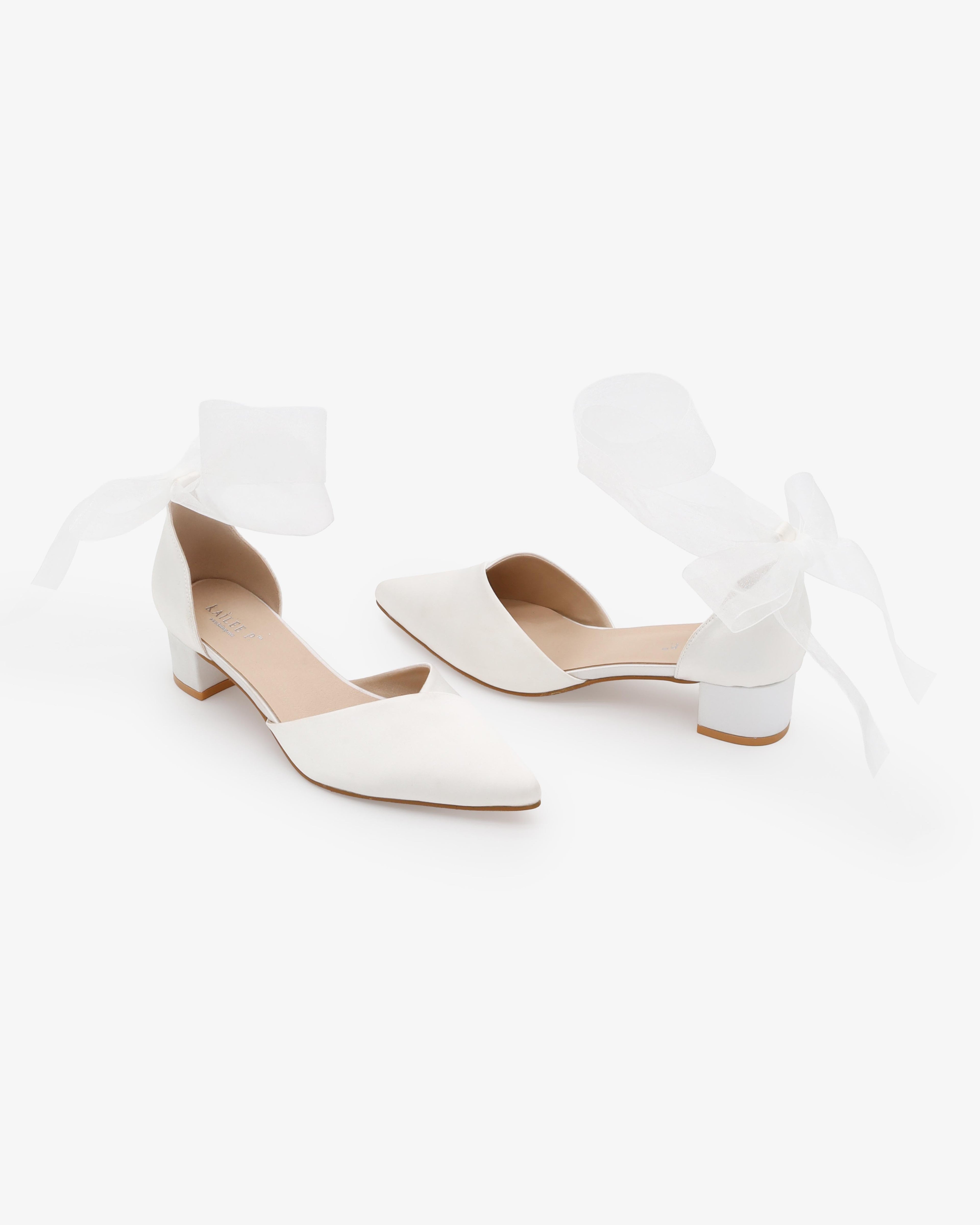 Satin Pointy Toe Low Block Heels Wedding Shoes with Wrapped Ribbon Tie