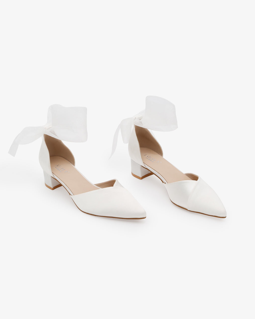 Satin Pointy Toe Low Block Heels Wedding Shoes with Wrapped Ribbon Tie