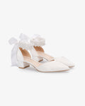 Lace Pointy Toe Low Block Heels Wedding Shoes with Perla Ankle Strap
