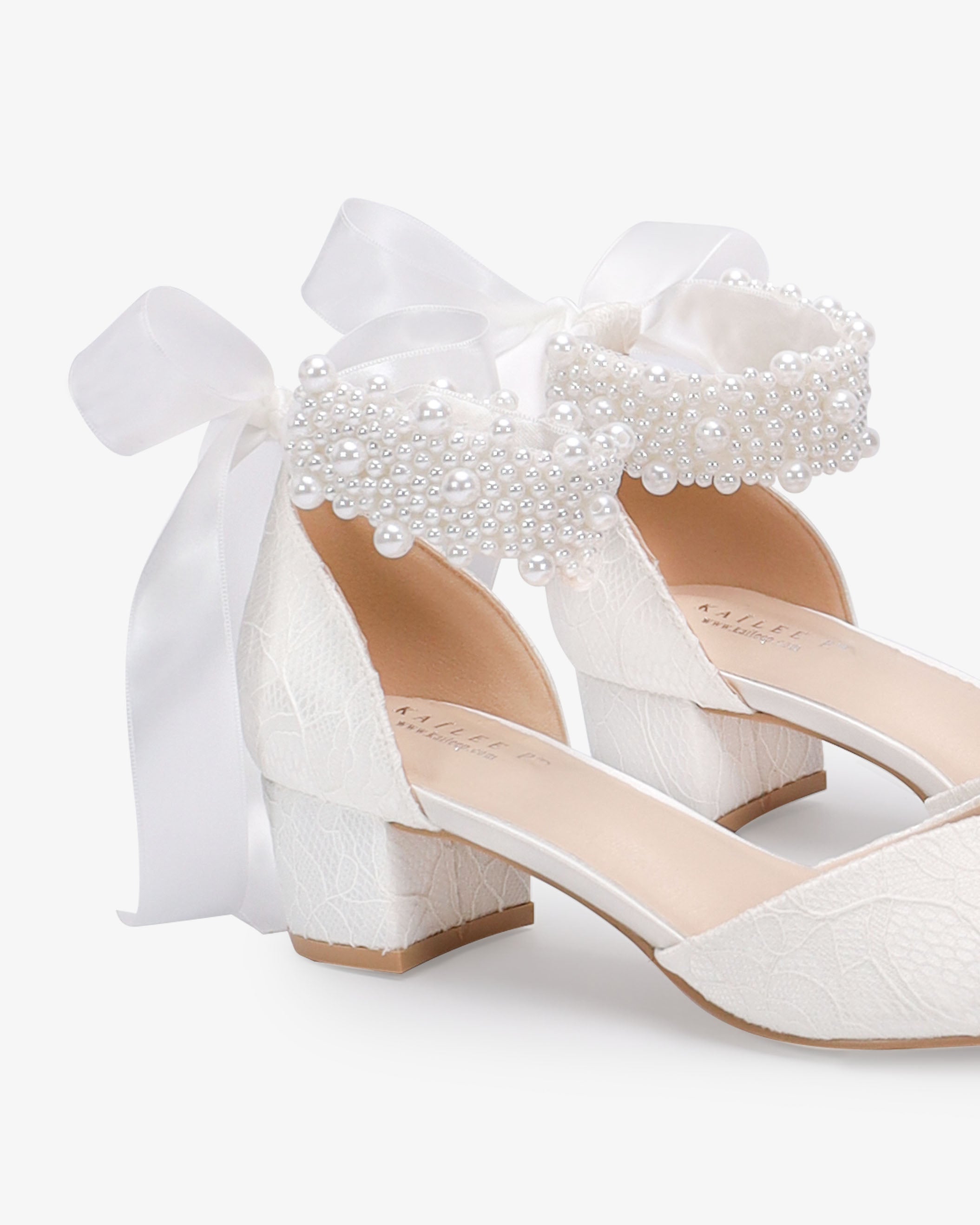 Lace Pointy Toe Low Block Heels Wedding Shoes with Perla Ankle Strap
