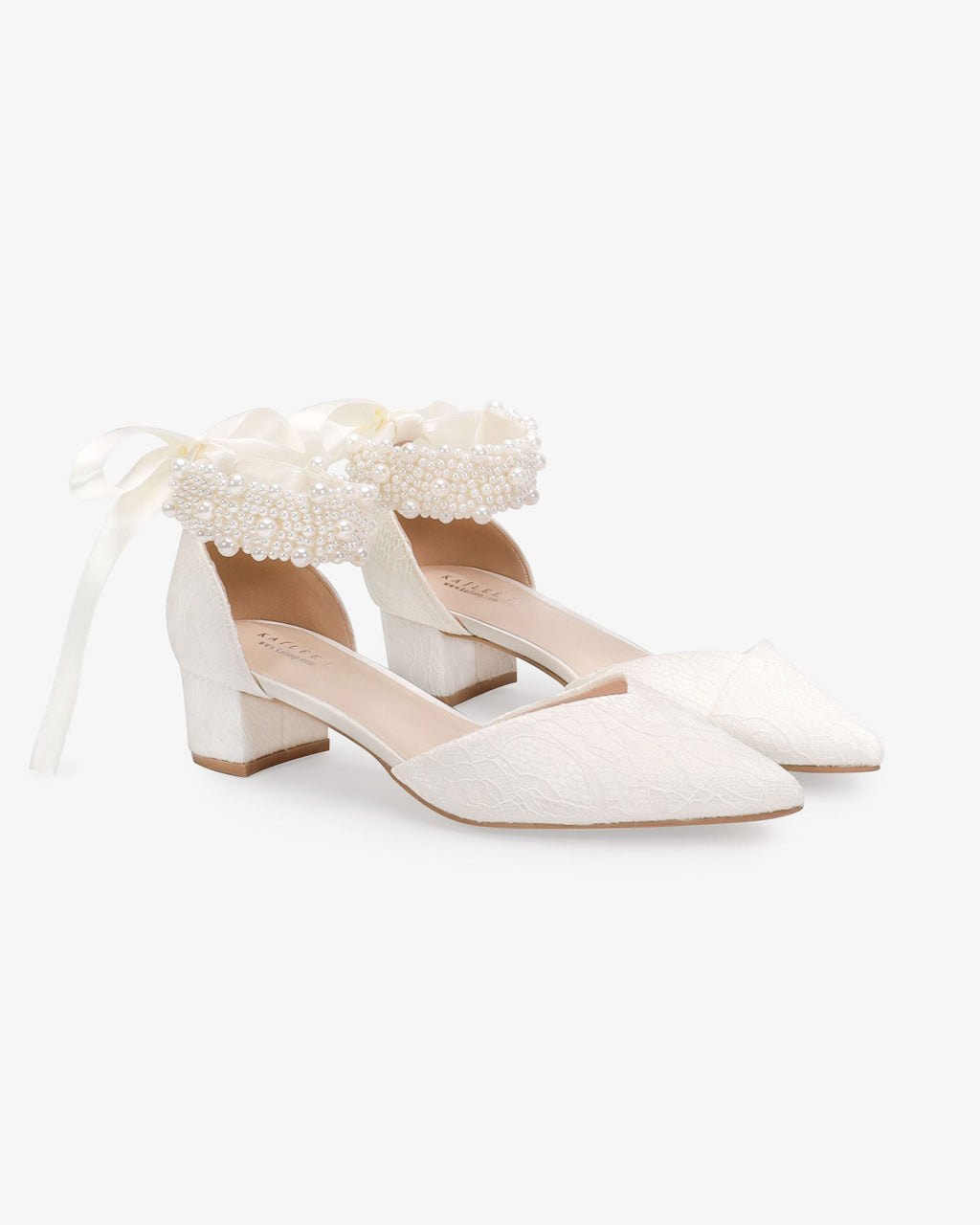 Lace Pointy Toe Low Block Heels Wedding Shoes with Perla Ankle Strap