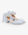 Lace Pointy Toe Low Block Heels Wedding Shoes with Perla Ankle Strap
