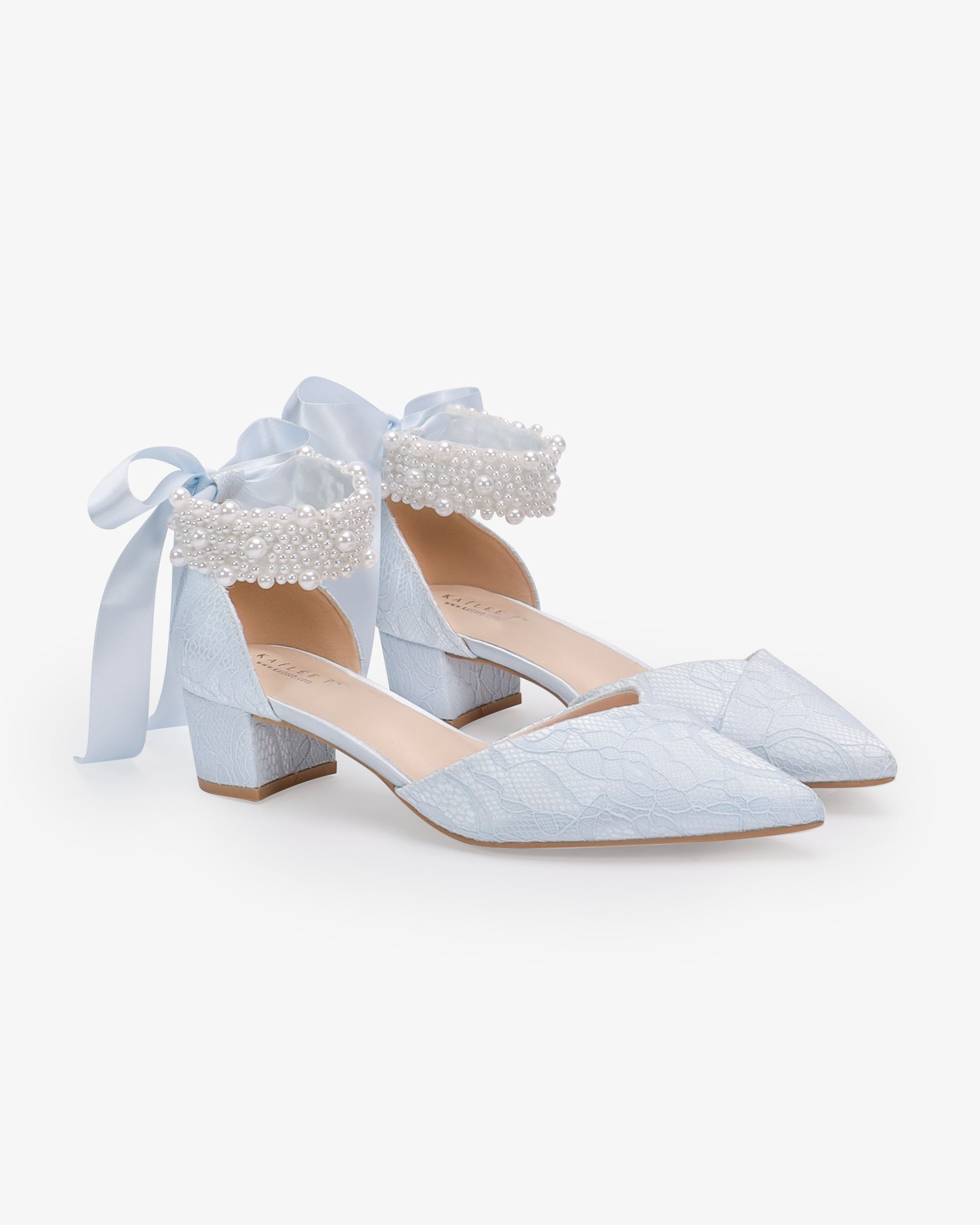 Lace Pointy Toe Low Block Heels Wedding Shoes with Perla Ankle Strap