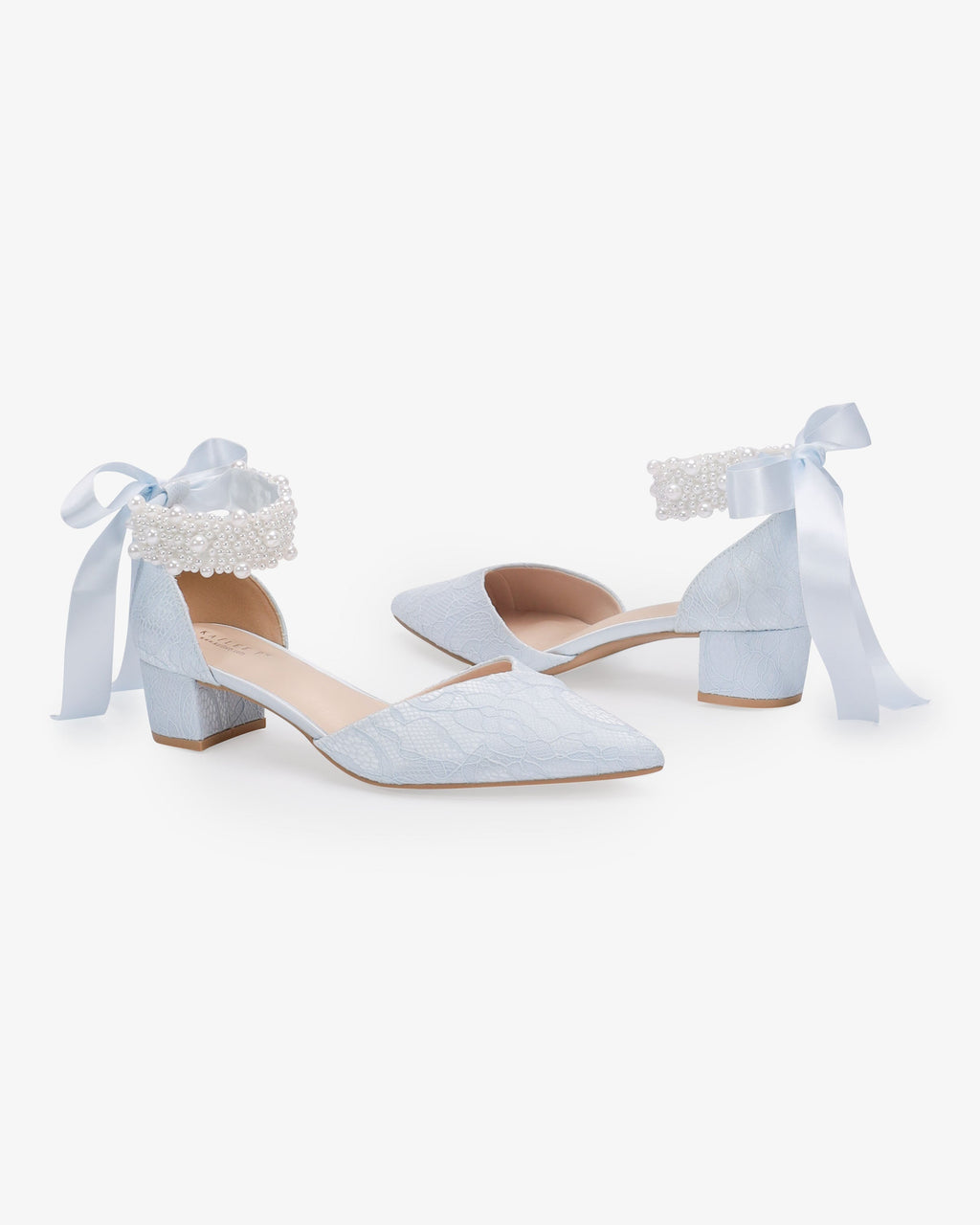 Lace Pointy Toe Low Block Heels Wedding Shoes with Perla Ankle Strap