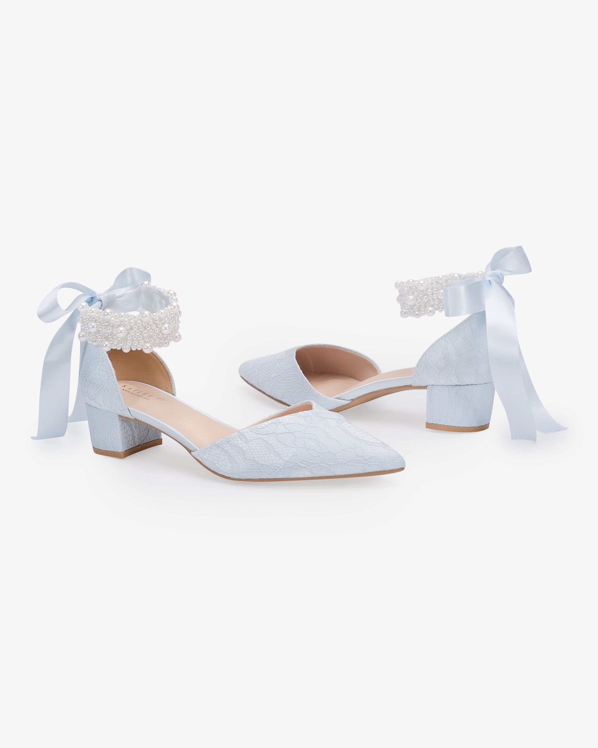 Lace Pointy Toe Low Block Heels Wedding Shoes with Perla Ankle Strap