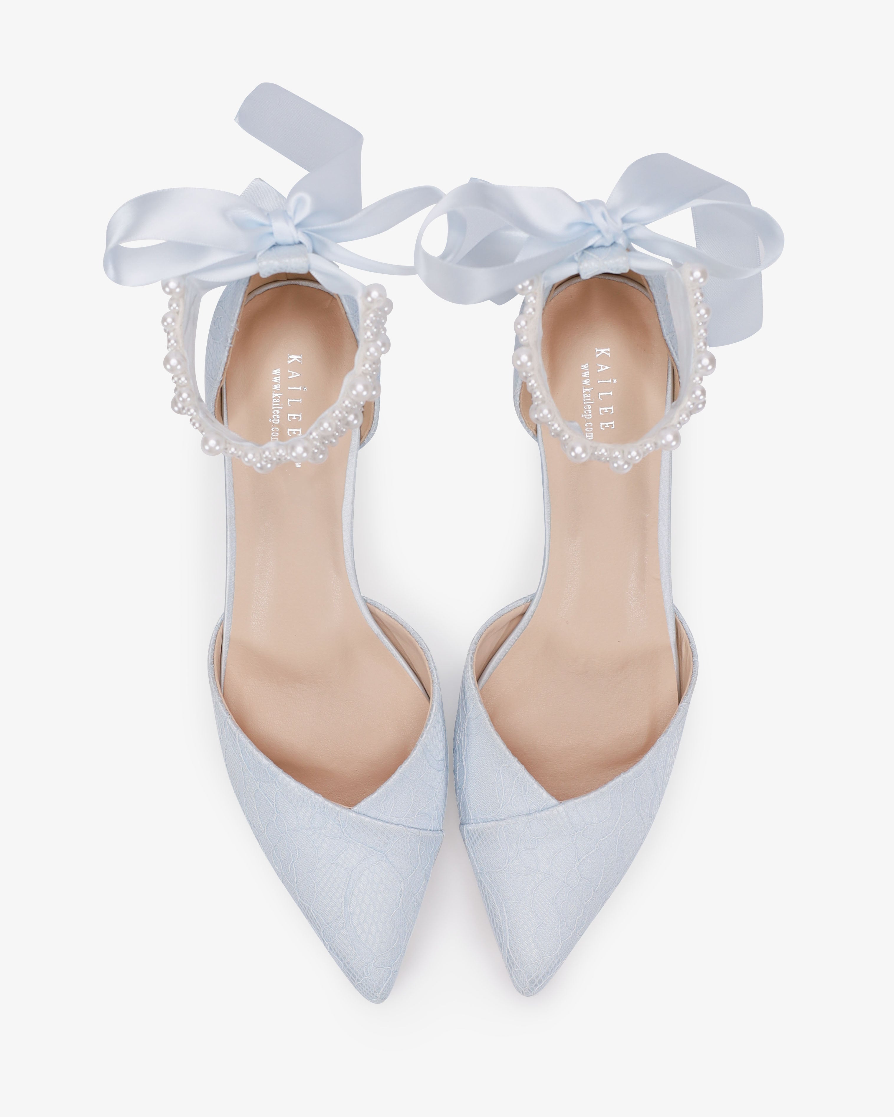 Lace Pointy Toe Low Block Heels Wedding Shoes with Perla Ankle Strap