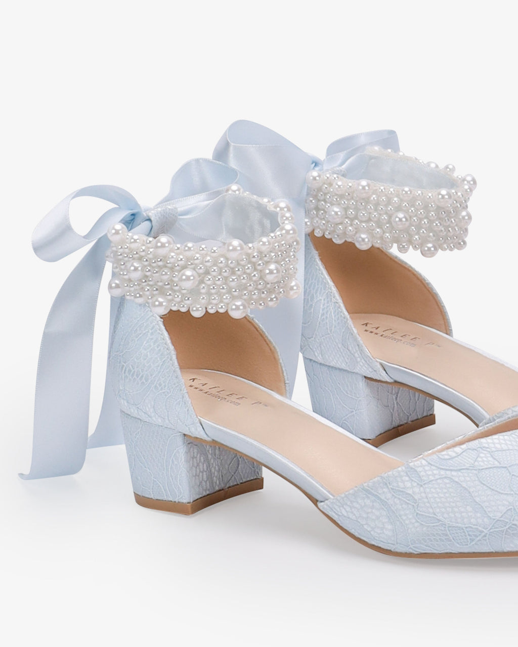 Lace Pointy Toe Low Block Heels Wedding Shoes with Perla Ankle Strap