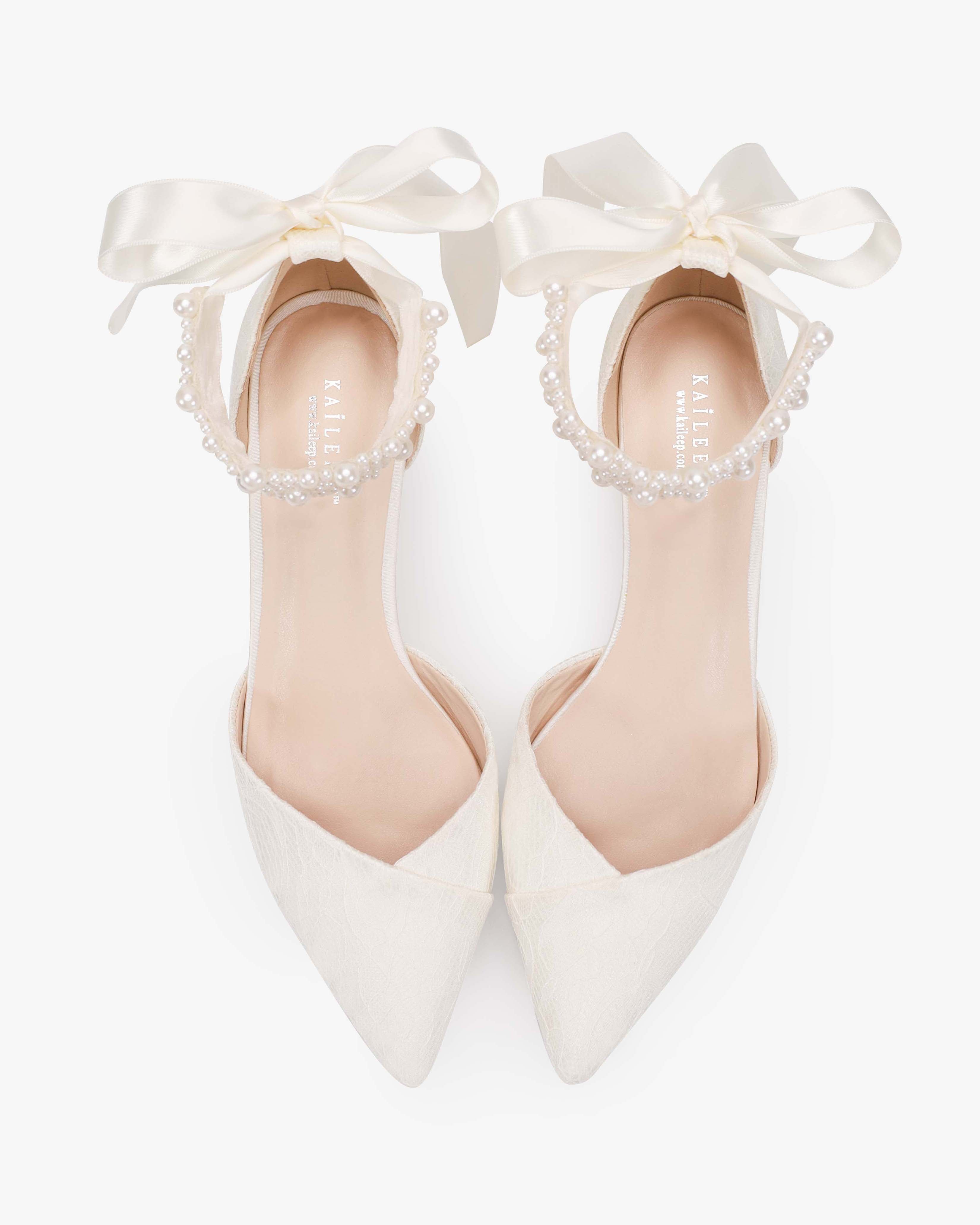 Lace Pointy Toe Low Block Heels Wedding Shoes with Perla Ankle Strap