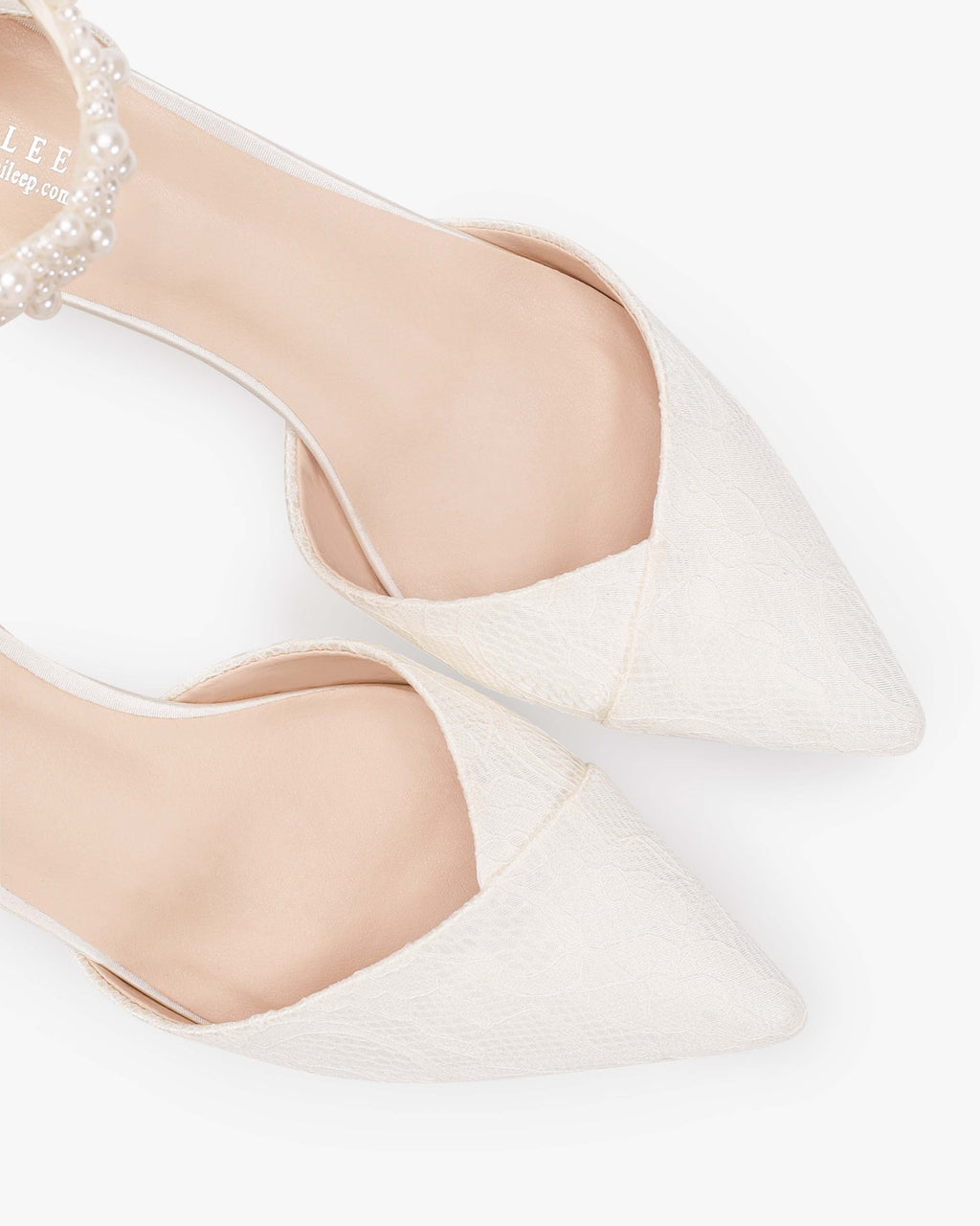 Lace Pointy Toe Low Block Heels Wedding Shoes with Perla Ankle Strap