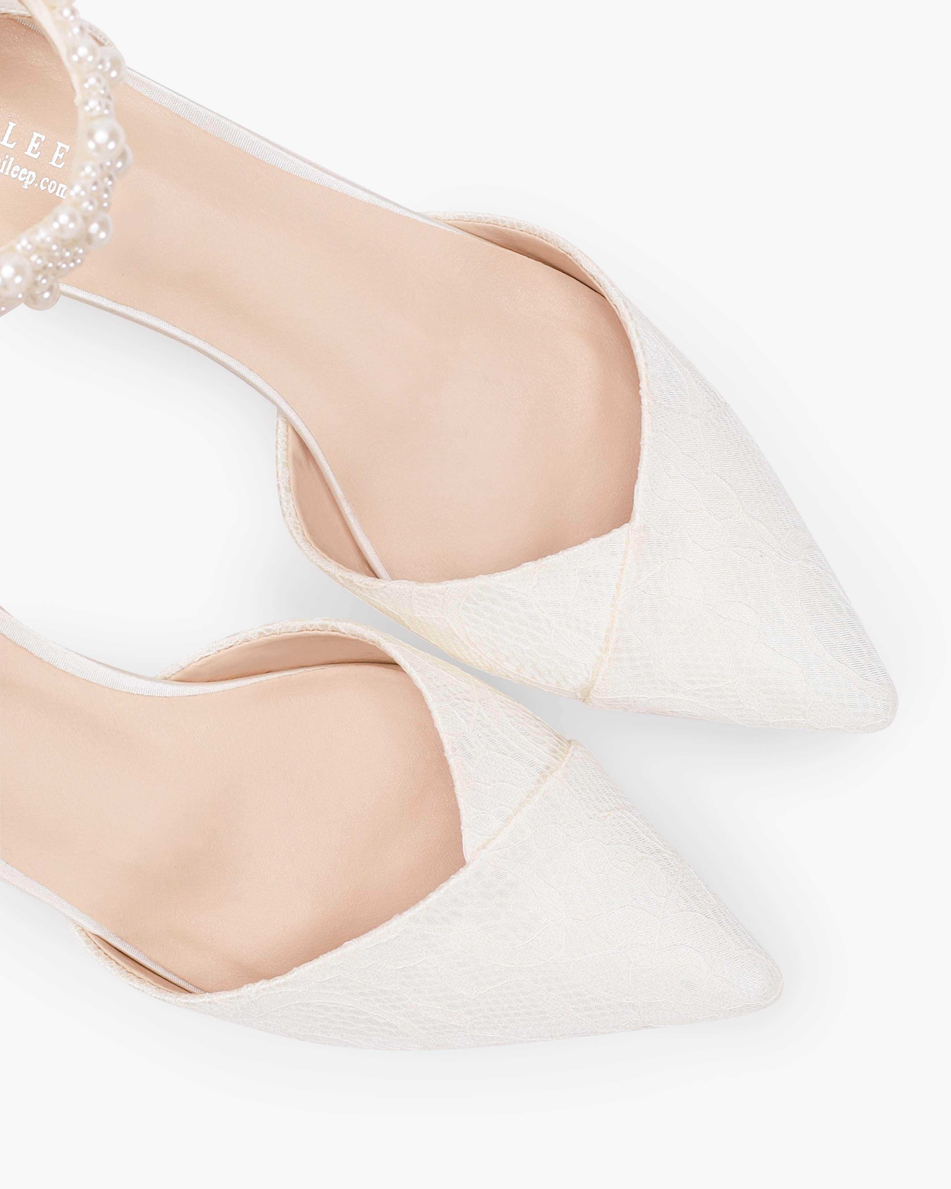 Lace Pointy Toe Low Block Heels Wedding Shoes with Perla Ankle Strap