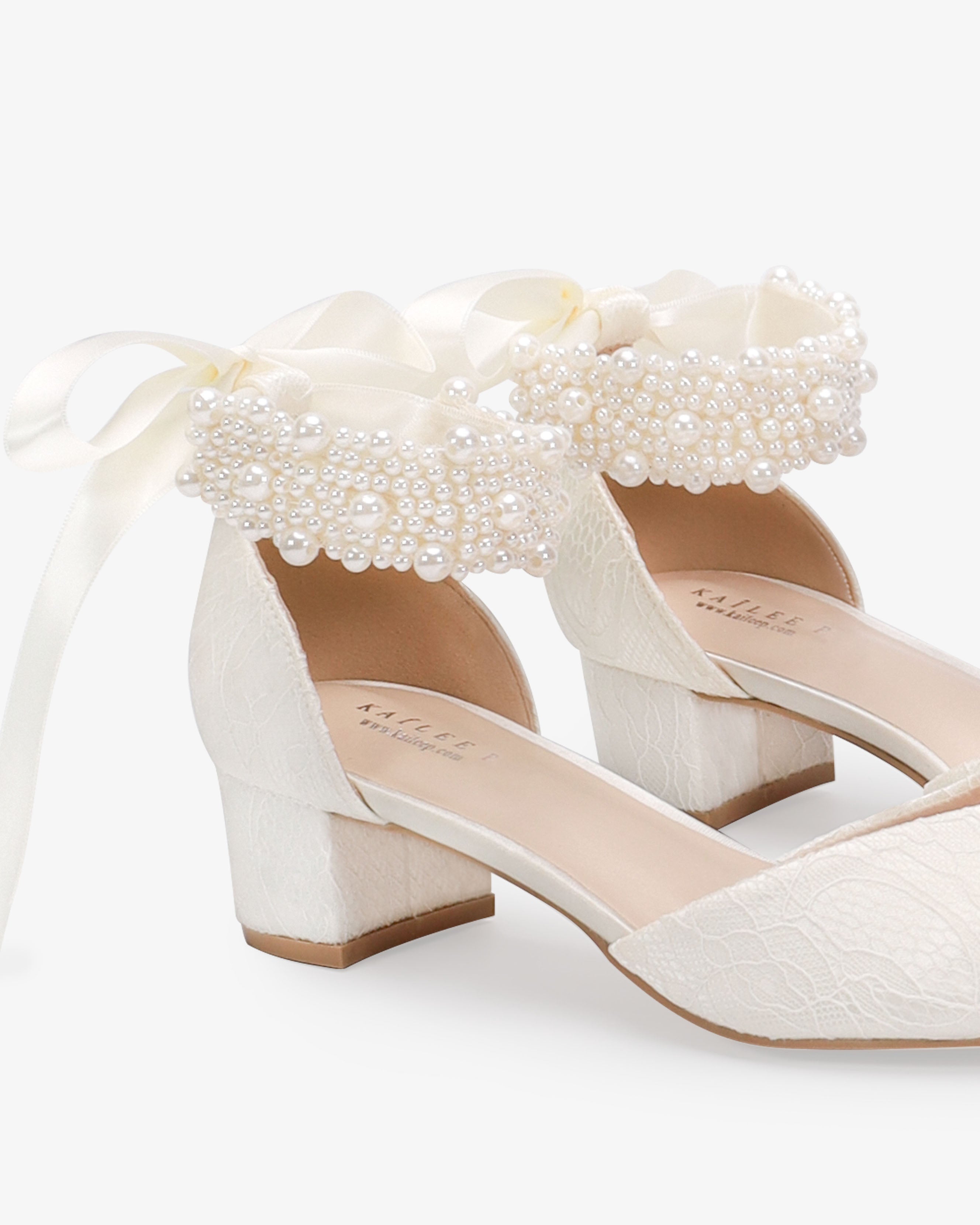 Lace Pointy Toe Low Block Heels Wedding Shoes with Perla Ankle Strap