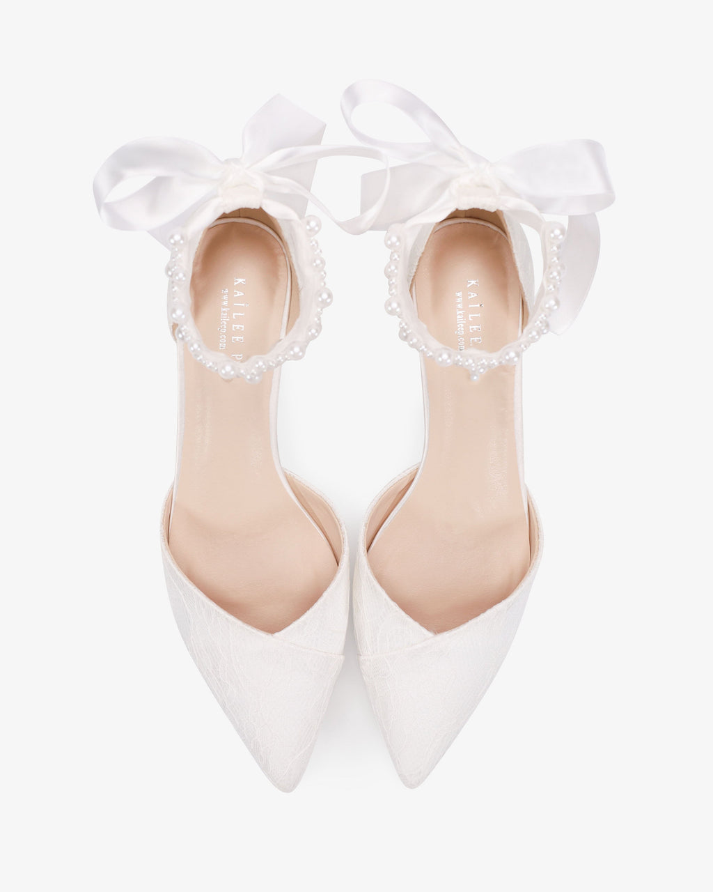 Lace Pointy Toe Low Block Heels Wedding Shoes with Perla Ankle Strap
