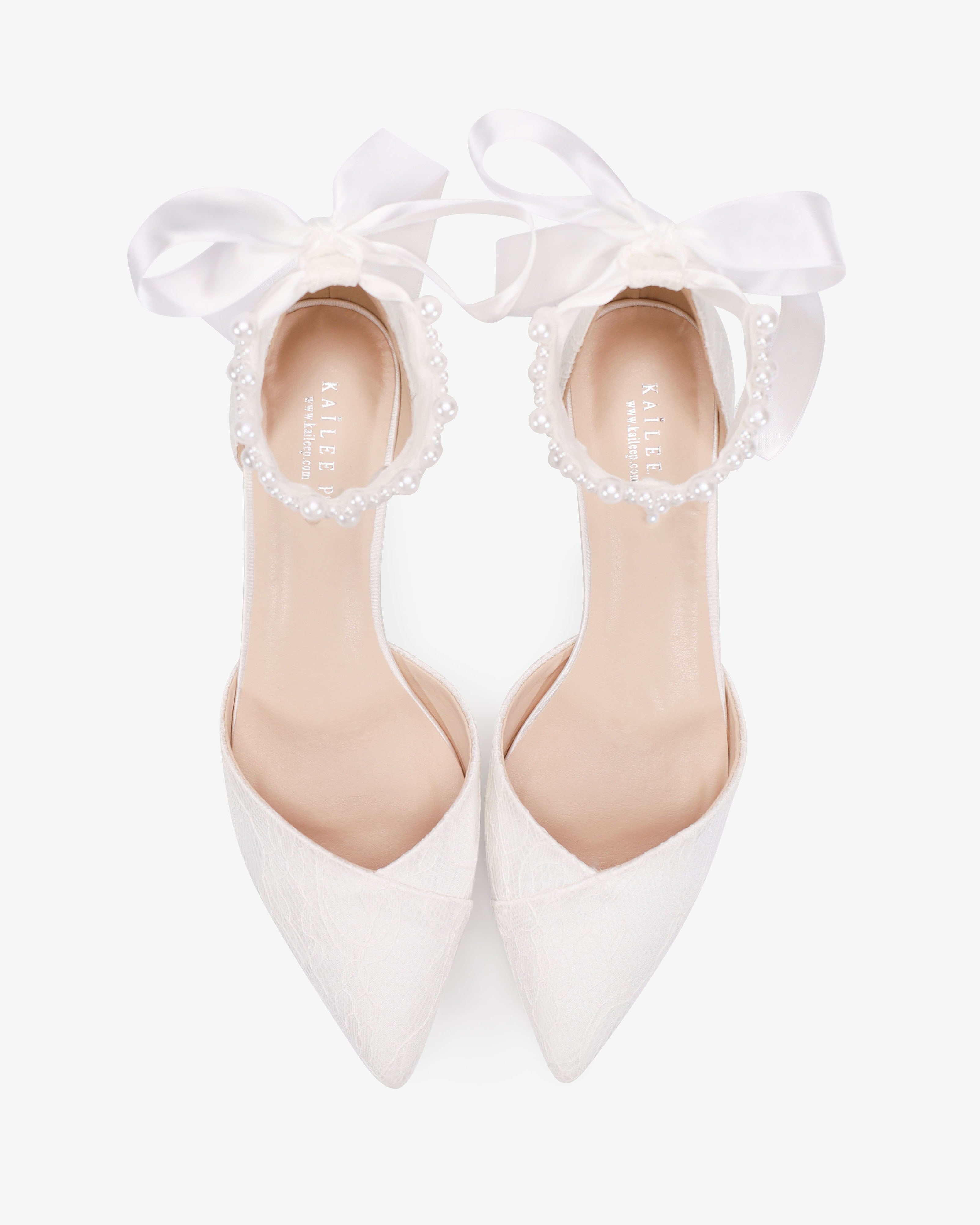 Lace Pointy Toe Low Block Heels Wedding Shoes with Perla Ankle Strap
