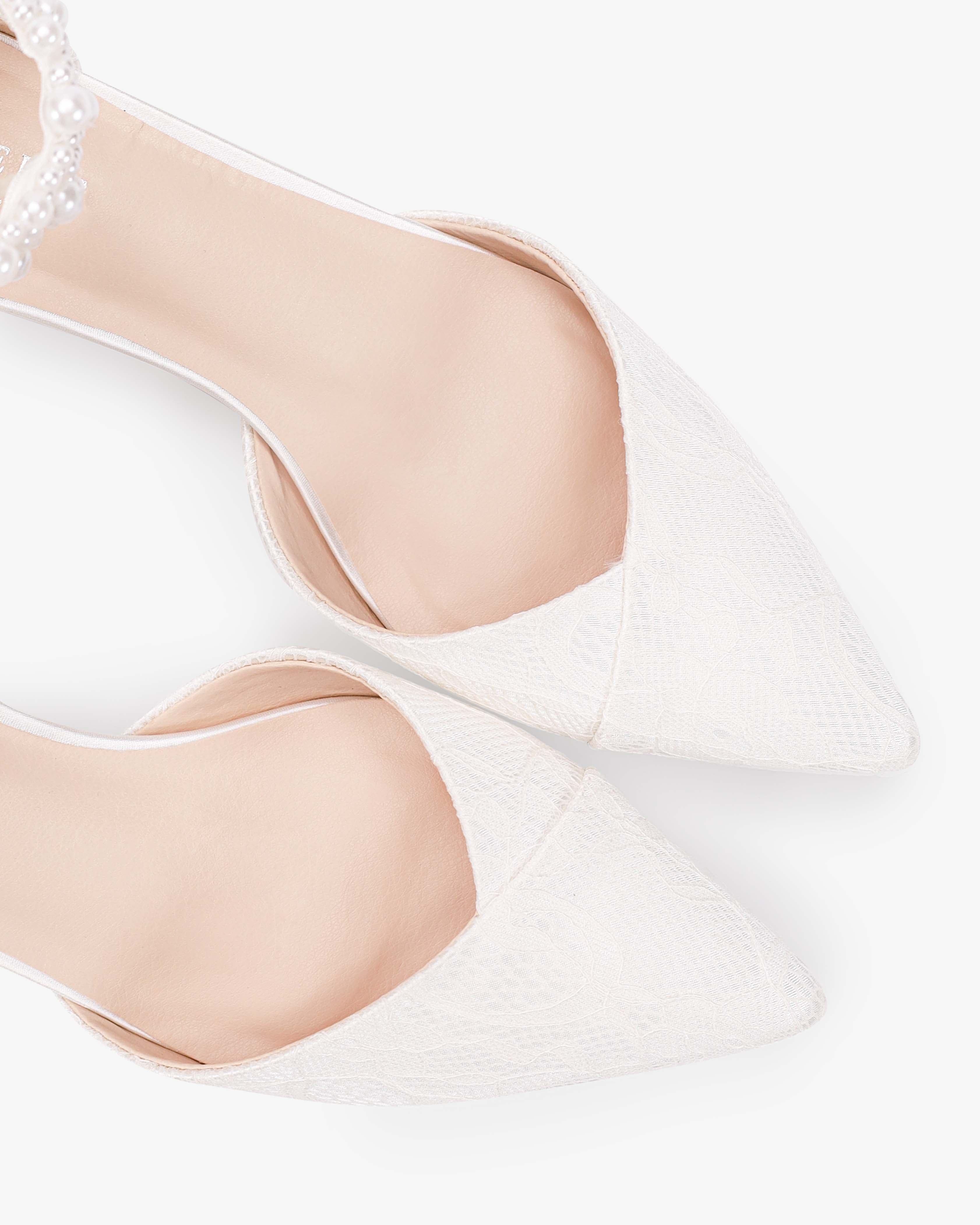 Lace Pointy Toe Low Block Heels Wedding Shoes with Perla Ankle Strap