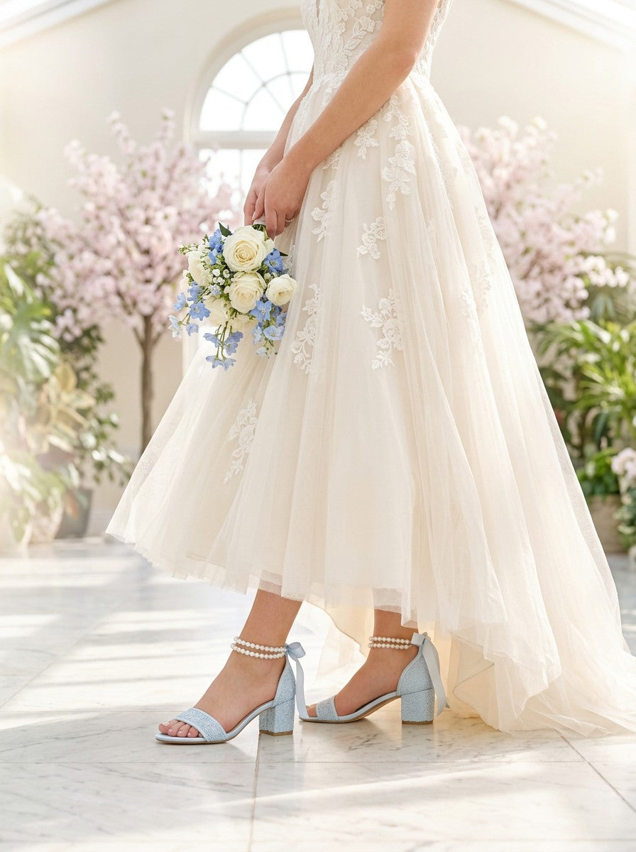 Crochet Lace Block Heel Wedding Sandals with Double Pearl Ankle Strap