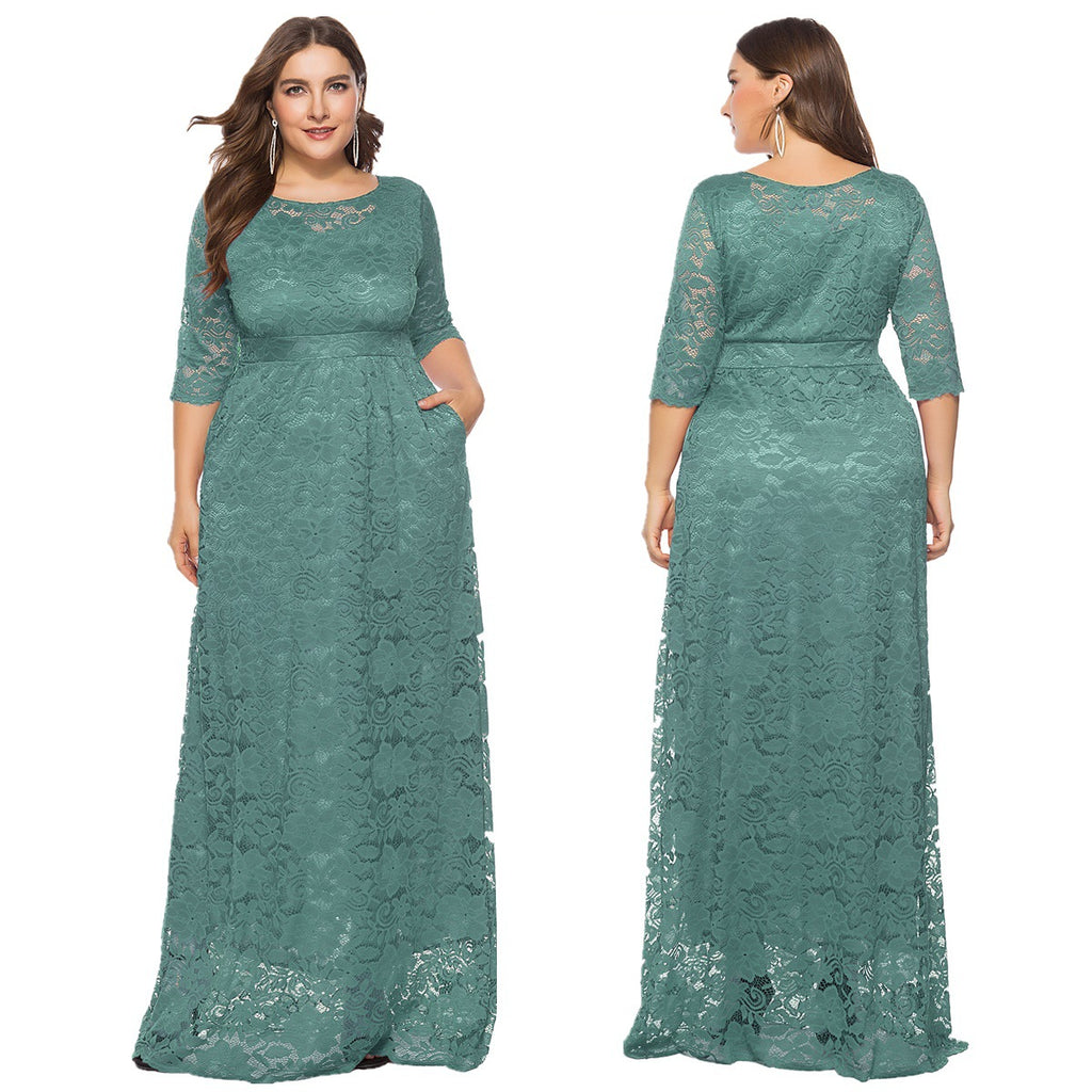 Amazon's Hot-Selling European and American Cross-Border Plus Size Women's New Lace Pocket Evening Dress Bridesmaid Dress