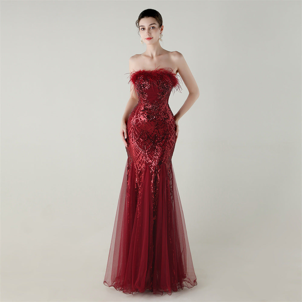 Sequin & Feather Strapless Fishtail Dress