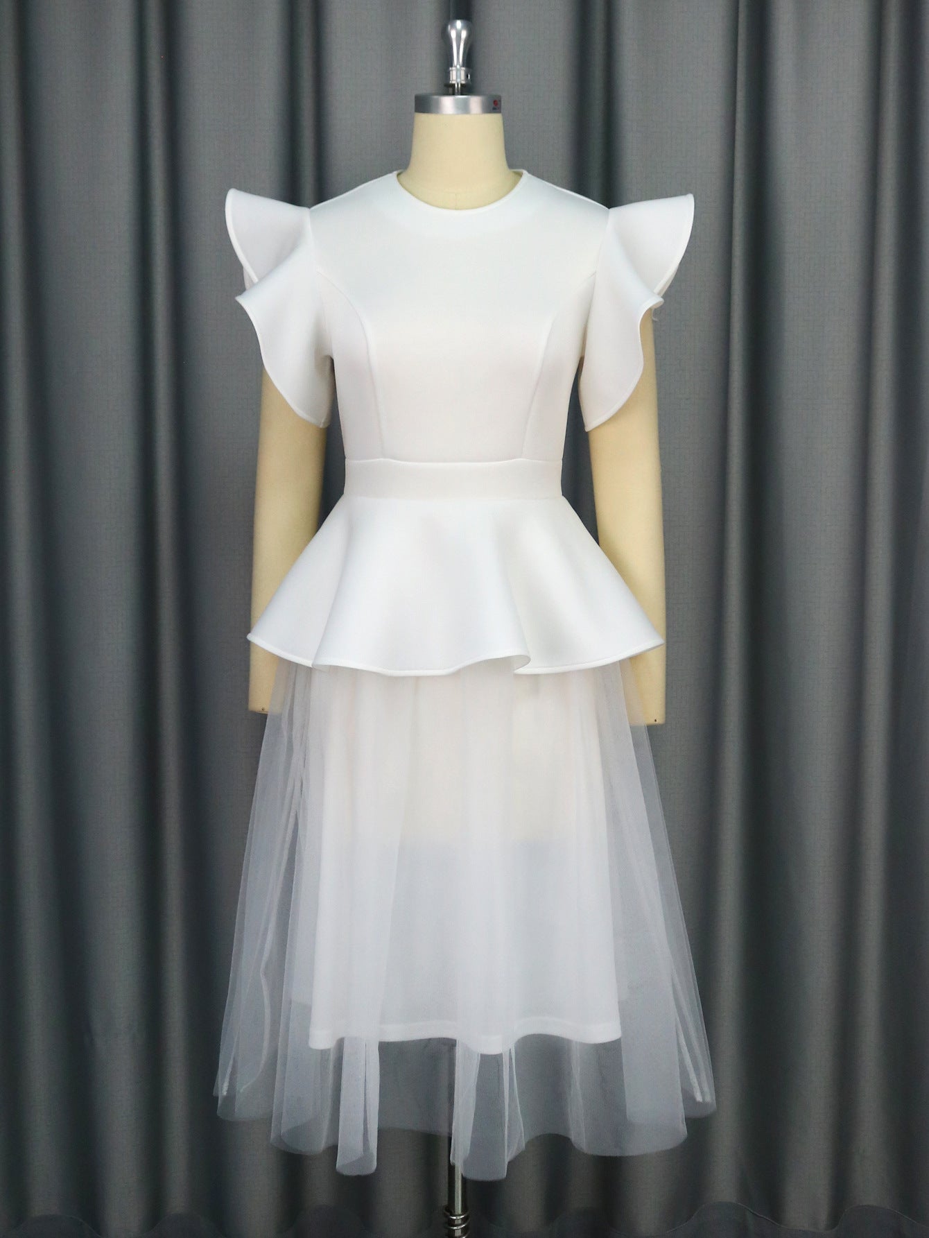 White Mesh Ruffle A-Line Midi Dress