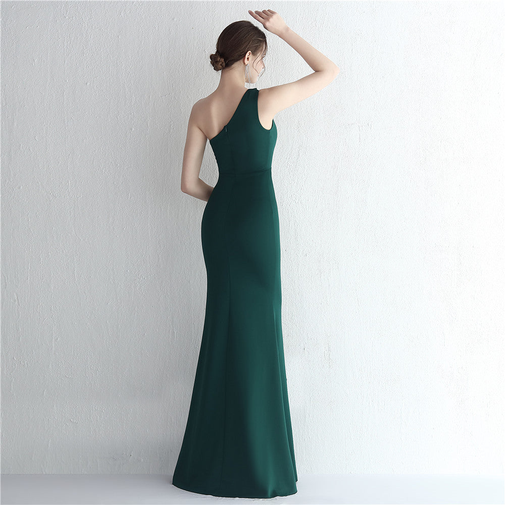 One-Shoulder Satin Fishtail Evening Dress