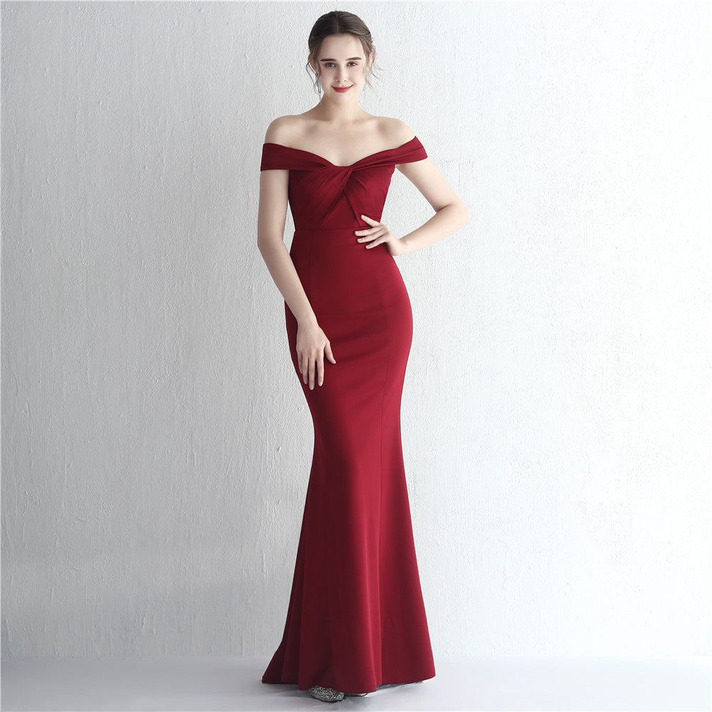 Off-Shoulder Twist Satin Fishtail Gown
