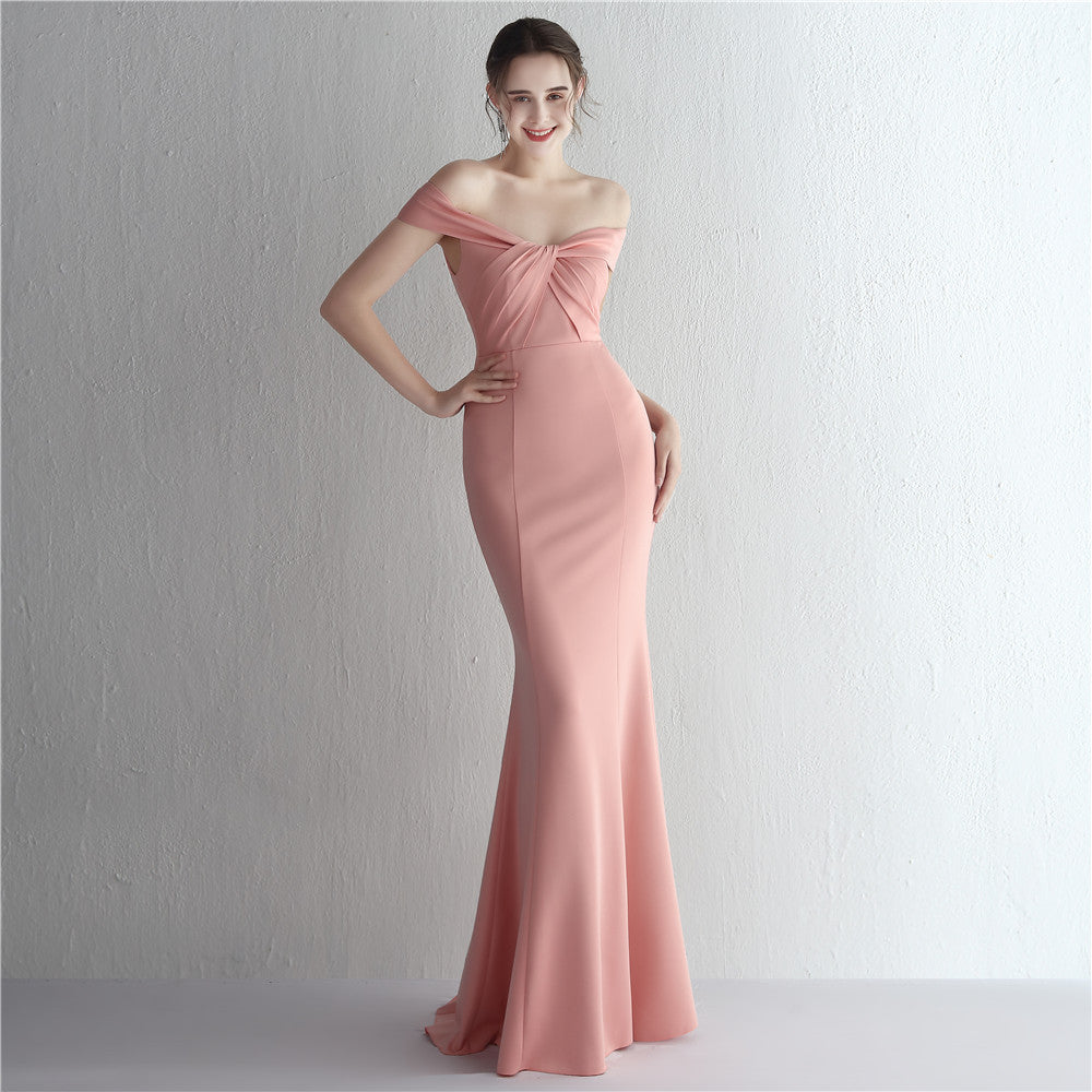 Off-Shoulder Twist Satin Fishtail Gown
