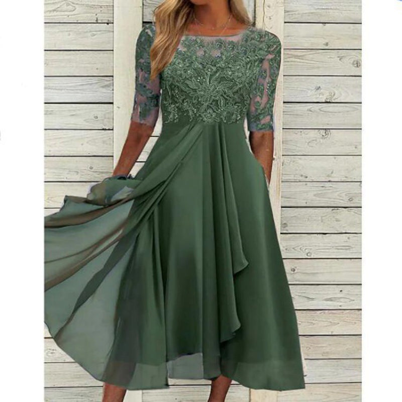 2025 European Cross-Border New Dress Chiffon Splicing Lace Cut Out Long Skirt Bridesmaid Evening Dress Women's Clothing