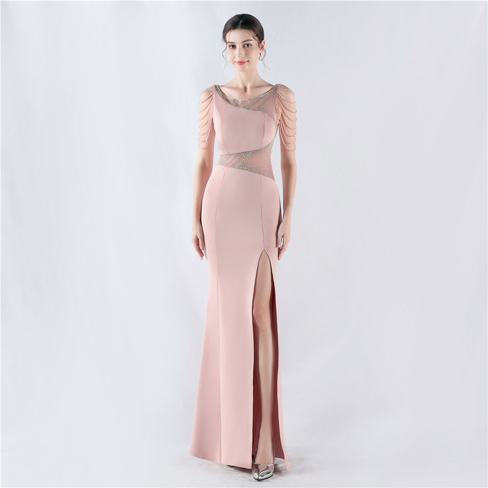 Rhinestone Mesh Slit Evening Dress