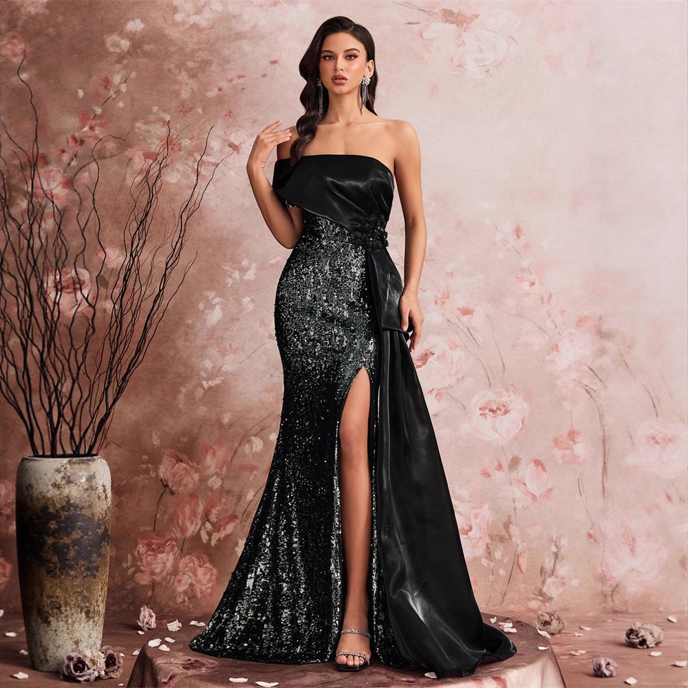 Sequined Bandeau One-Shoulder Bridesmaid Dress