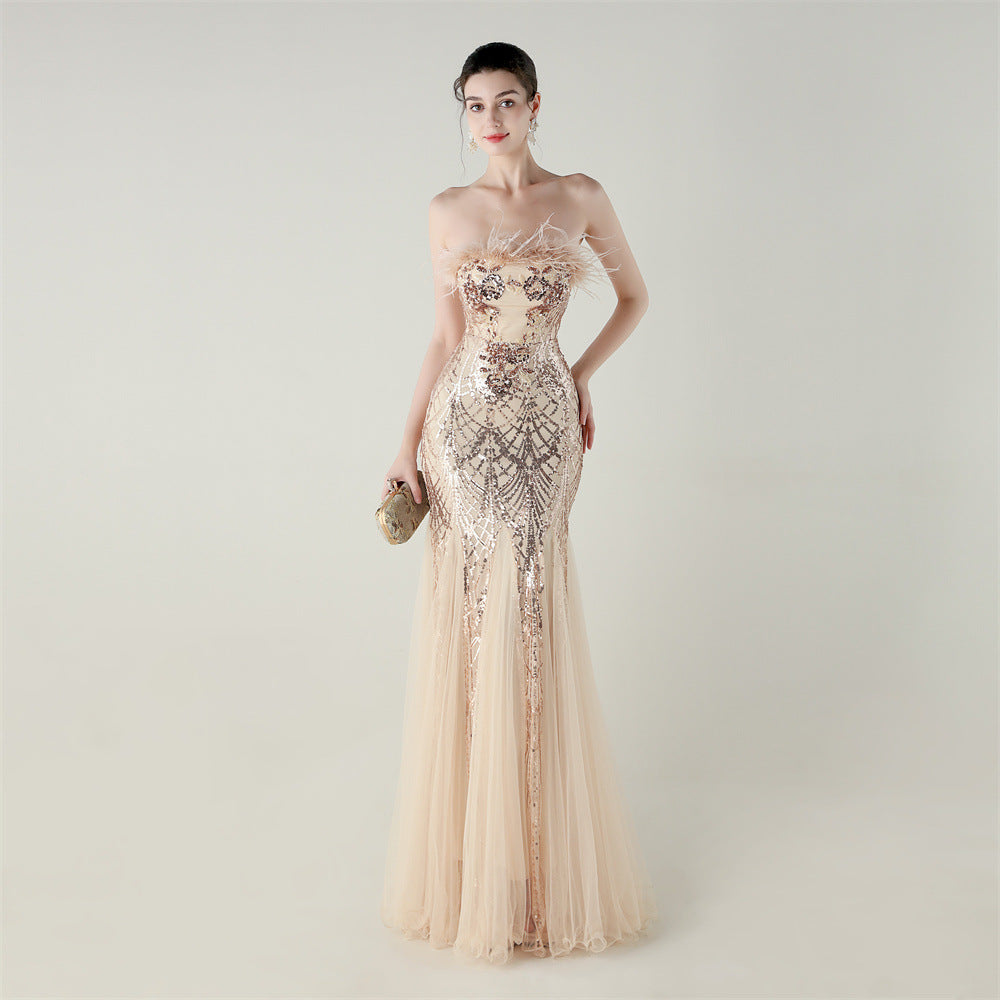 Sequin & Feather Strapless Fishtail Dress