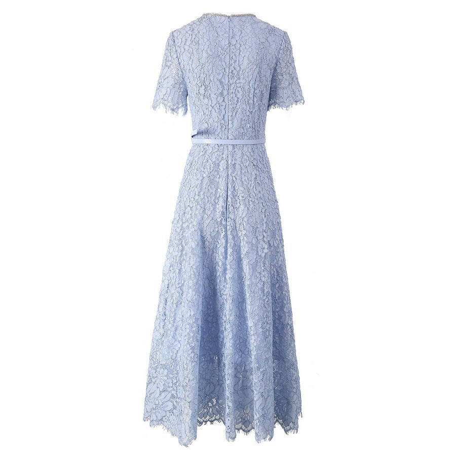Blue Daily Lace Dress Red Bridesmaid Dress Women's 2025 Summer New Bright Diamond Round Neck Bow Belt