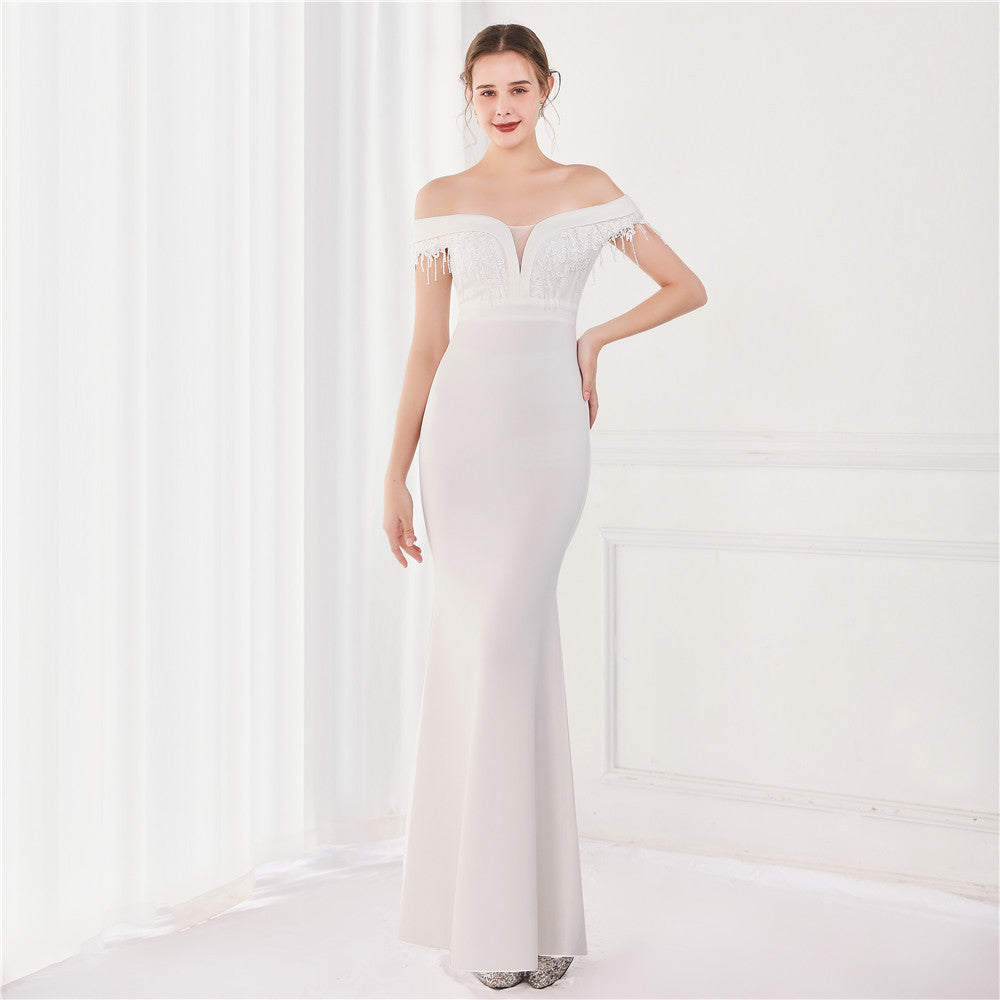 Off-Shoulder Fringe Fishtail Party Dress