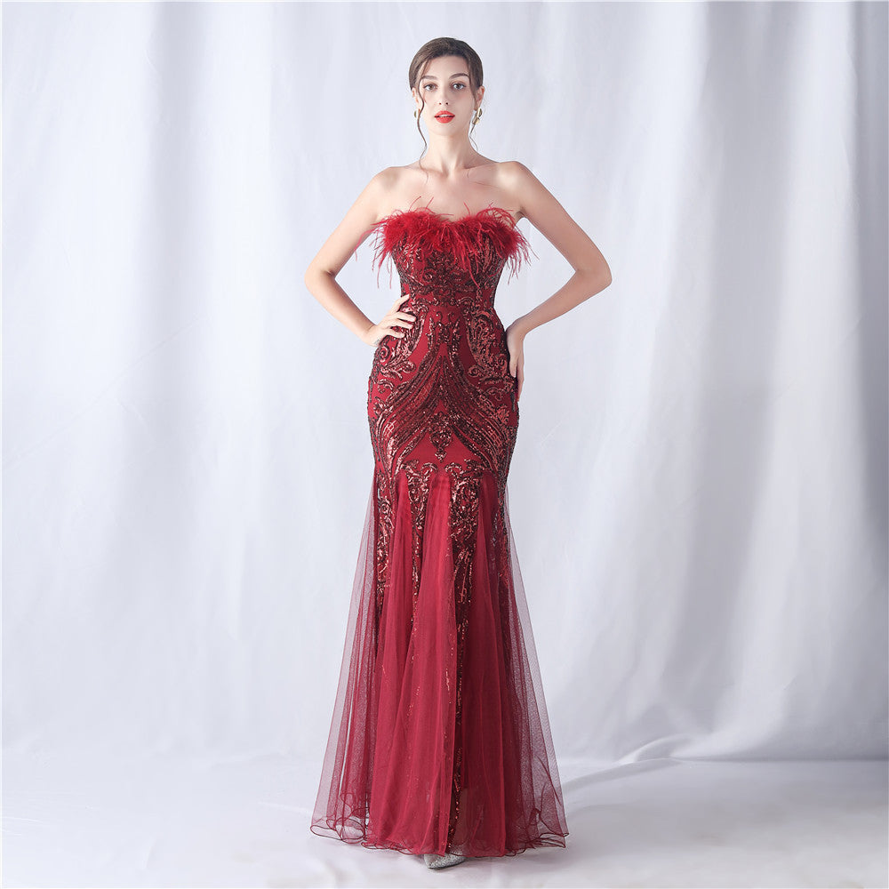 Feather & Sequin Tube Top Evening Dress