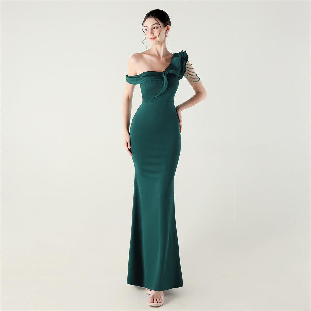 Ruffled One-Shoulder Beaded Satin Fishtail Gown