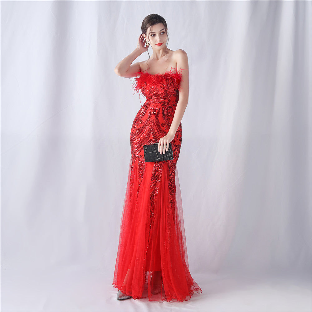 Feather & Sequin Tube Top Evening Dress