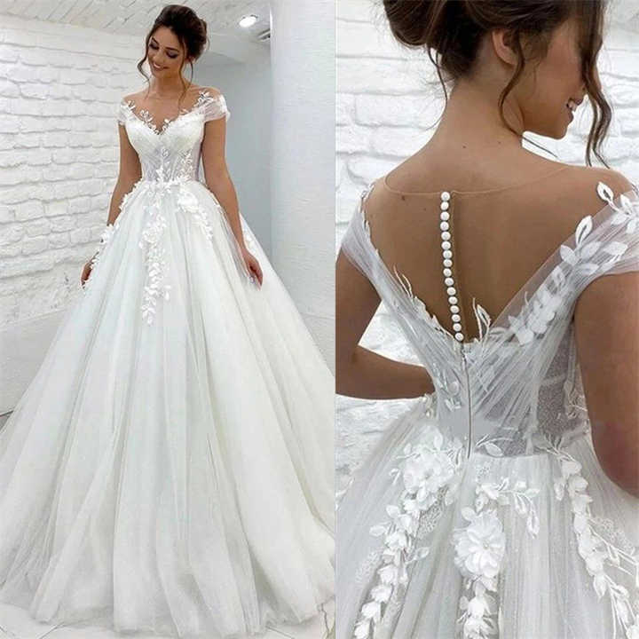 Cross-border hot sale plus size small trailing mesh lace high waist double shoulder V-Neck Wedding dress main yarn for going out