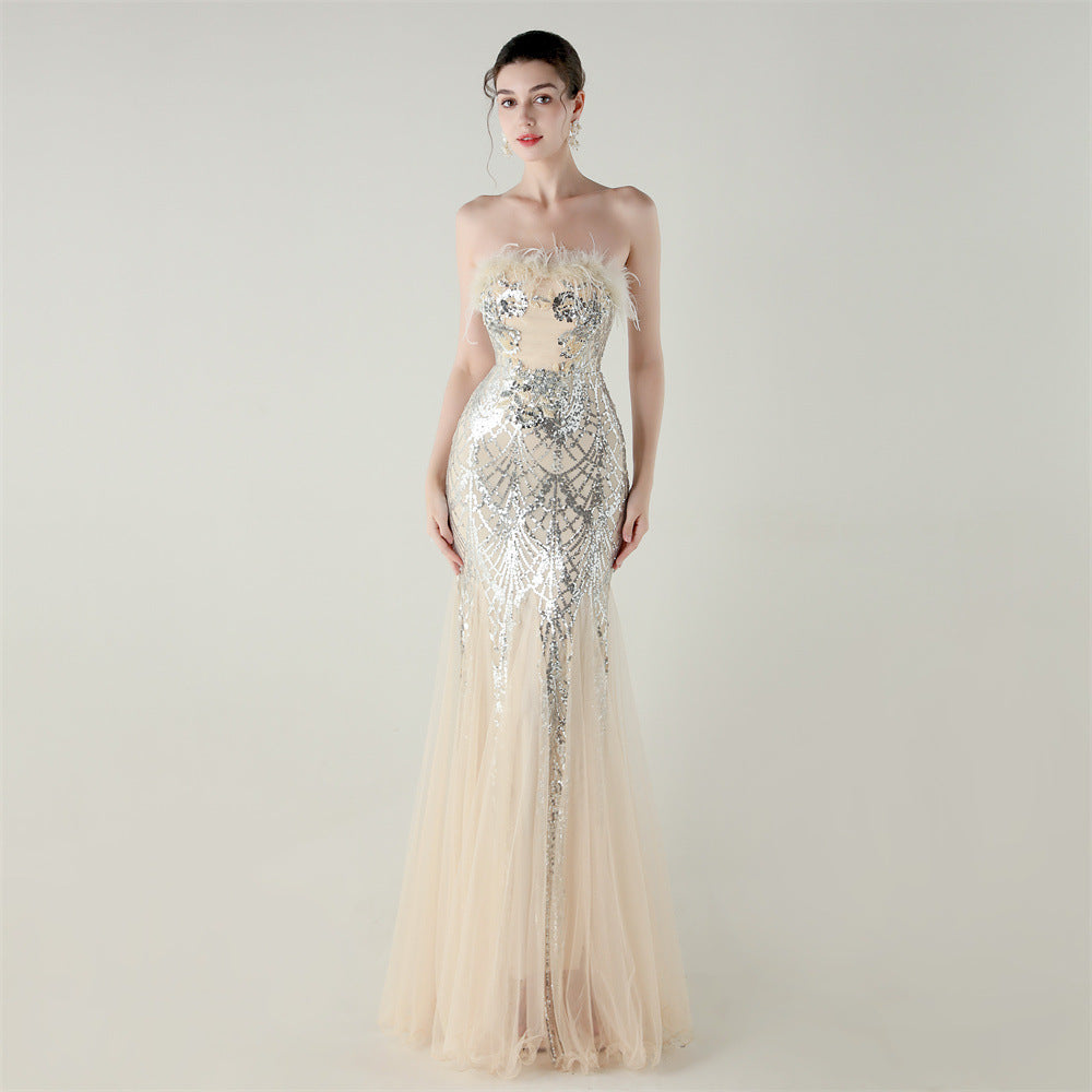 Sequin & Feather Strapless Fishtail Dress