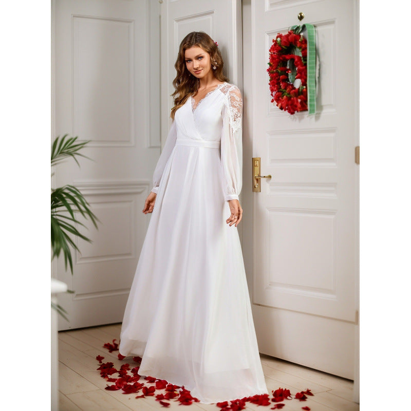 Long-Sleeve Lace Patchwork Evening Dress