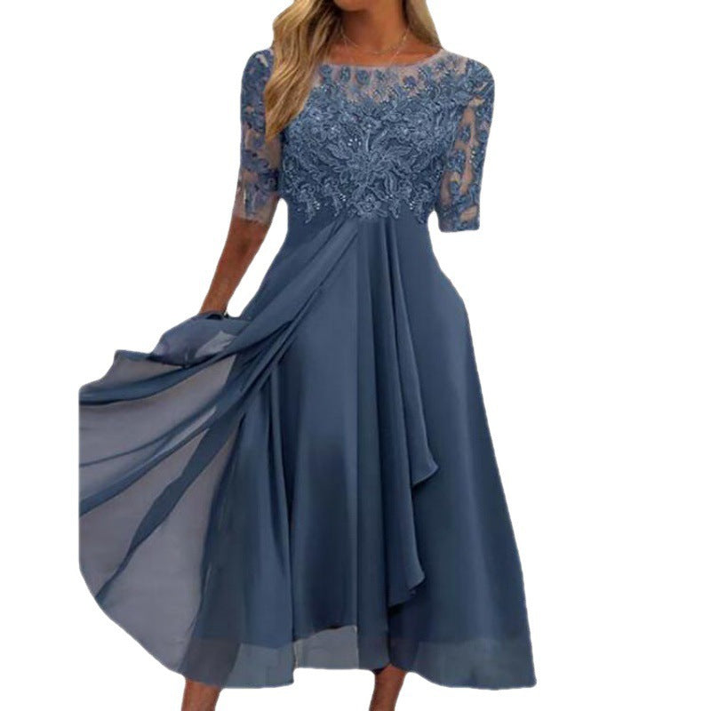 2025 European Cross-Border New Dress Chiffon Splicing Lace Cut Out Long Skirt Bridesmaid Evening Dress Women's Clothing