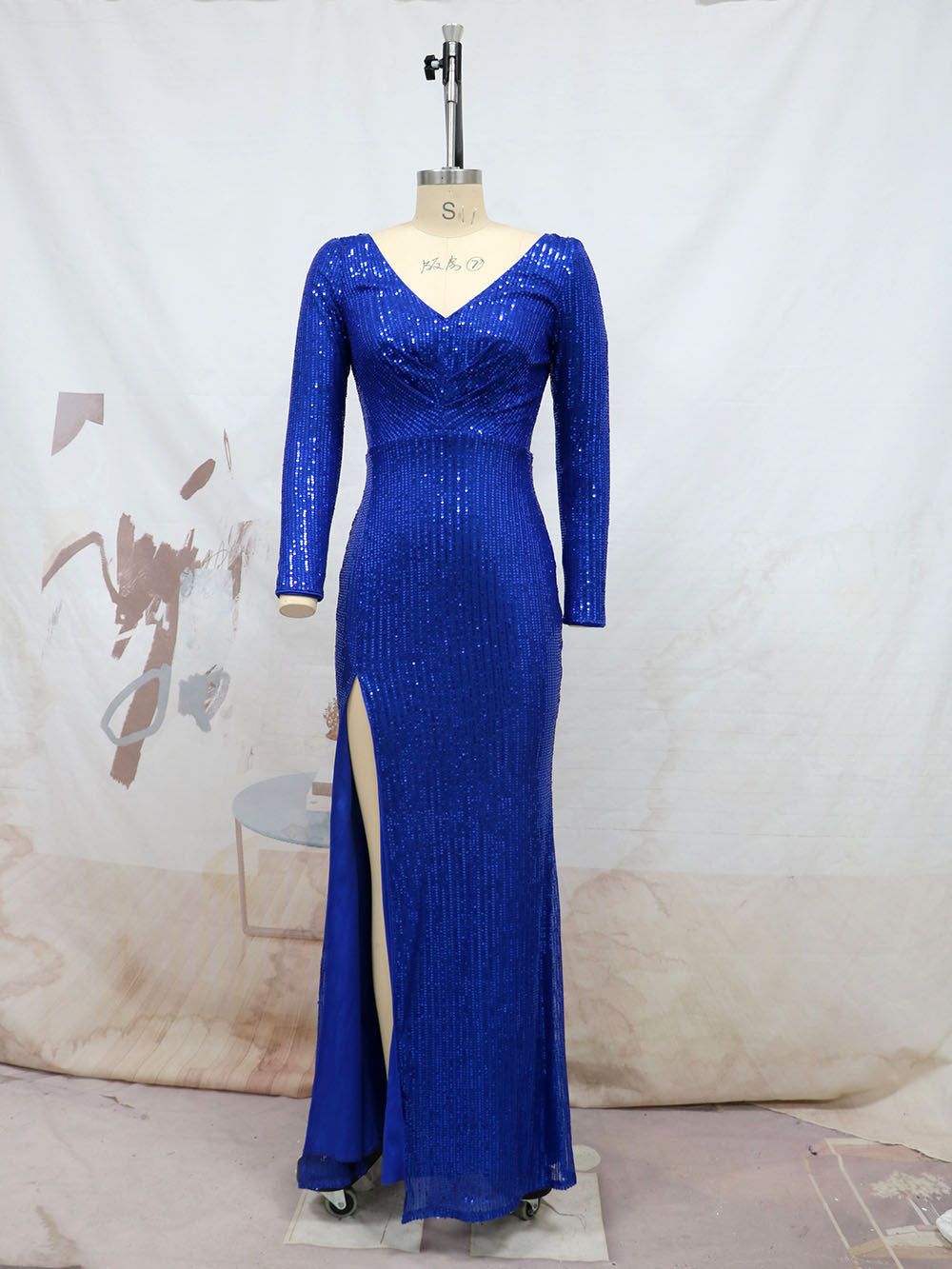 Long-Sleeve Sequined Evening Dress