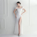Feather-Trim Off-Shoulder Evening Dress