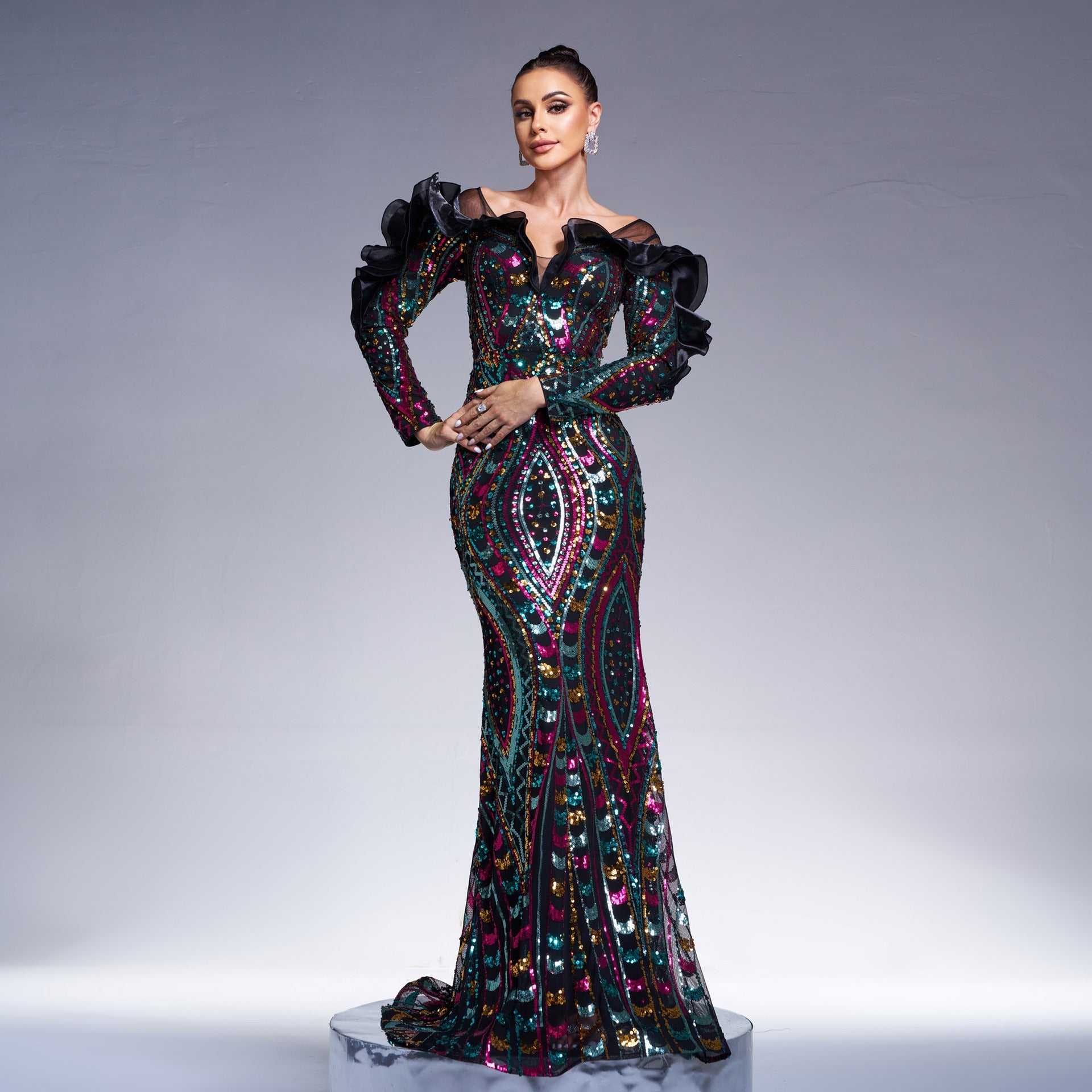 Long-Sleeve Cutout Sequined Fishtail Dress
